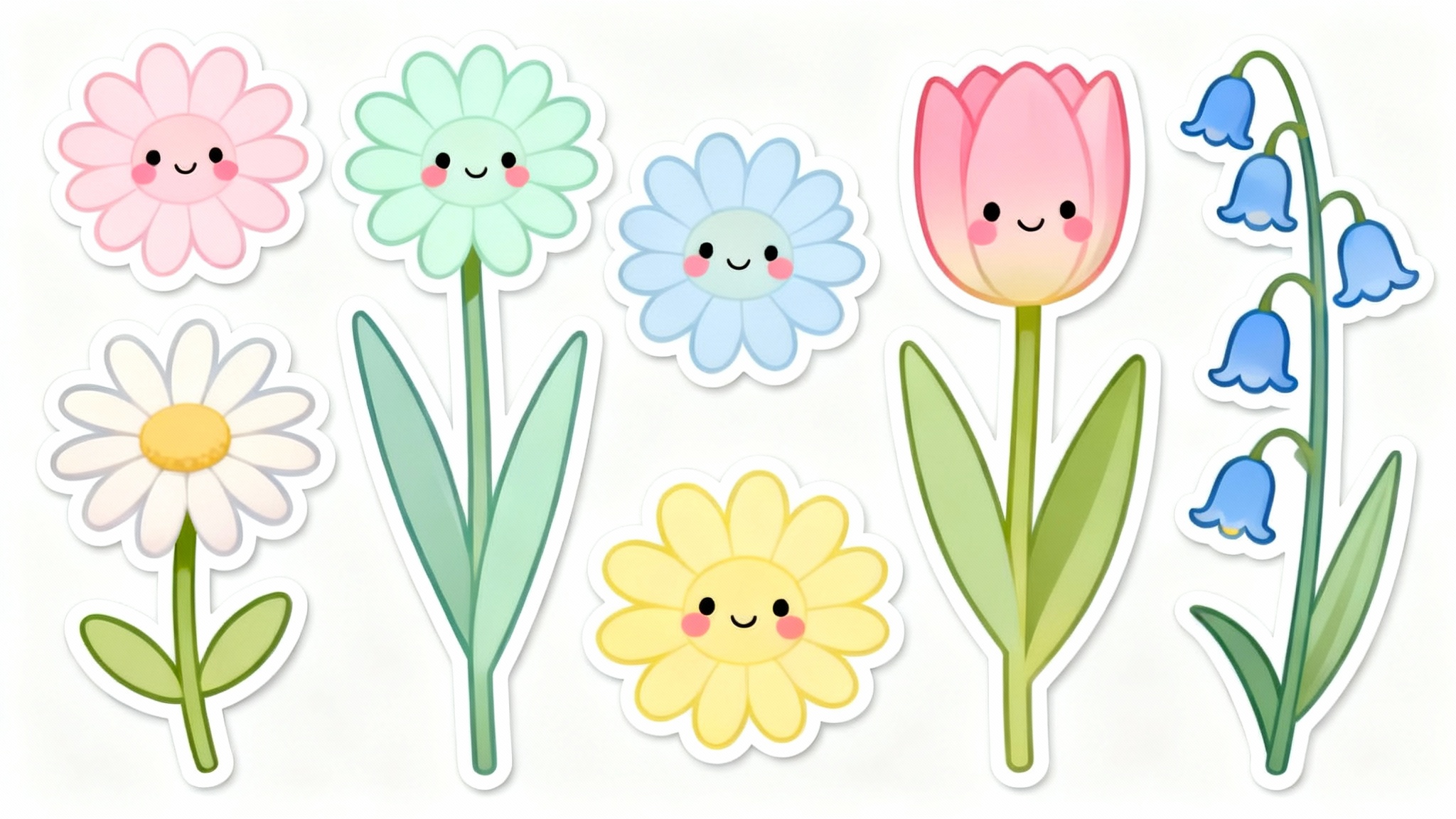 A collection of cute, cartoon flower illustrations with smiling faces, in soft pastel colors, on a white background.