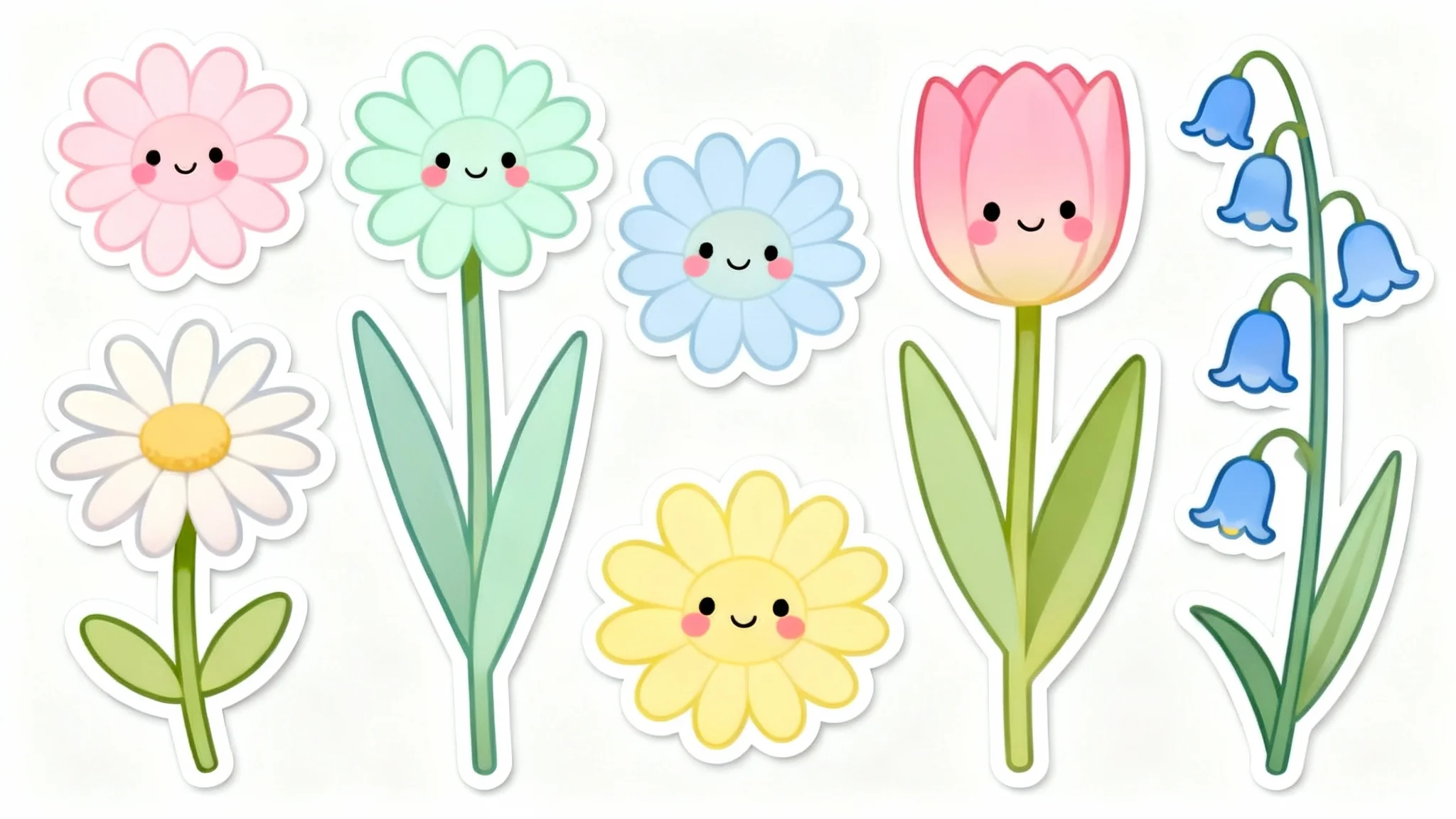 A collection of cute, cartoon flower illustrations with smiling faces, in soft pastel colors, on a white background.