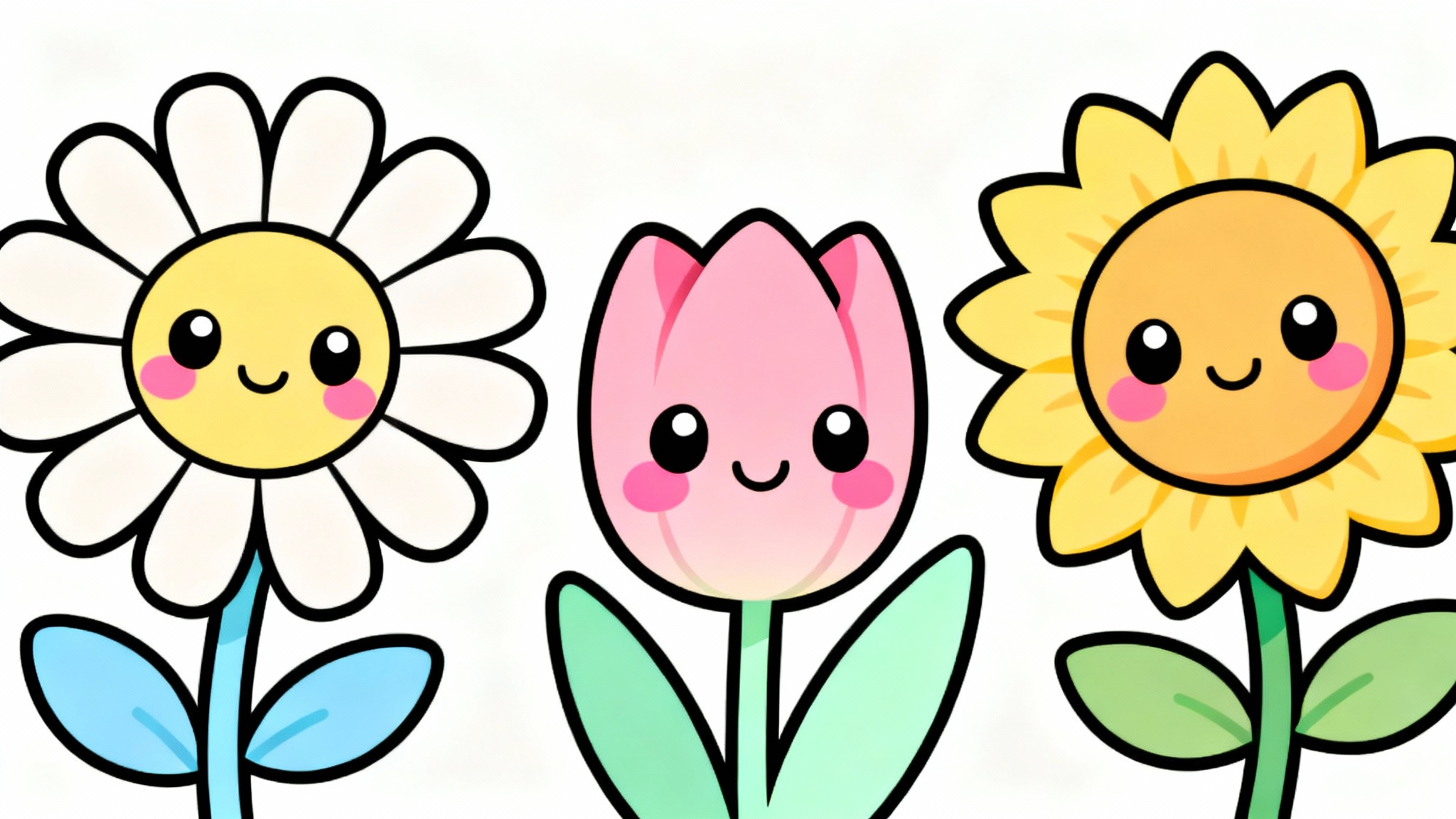 A cute digital illustration of several cartoon flowers with smiling faces and rosy cheeks, rendered in a soft pastel color palette against a clean white background.