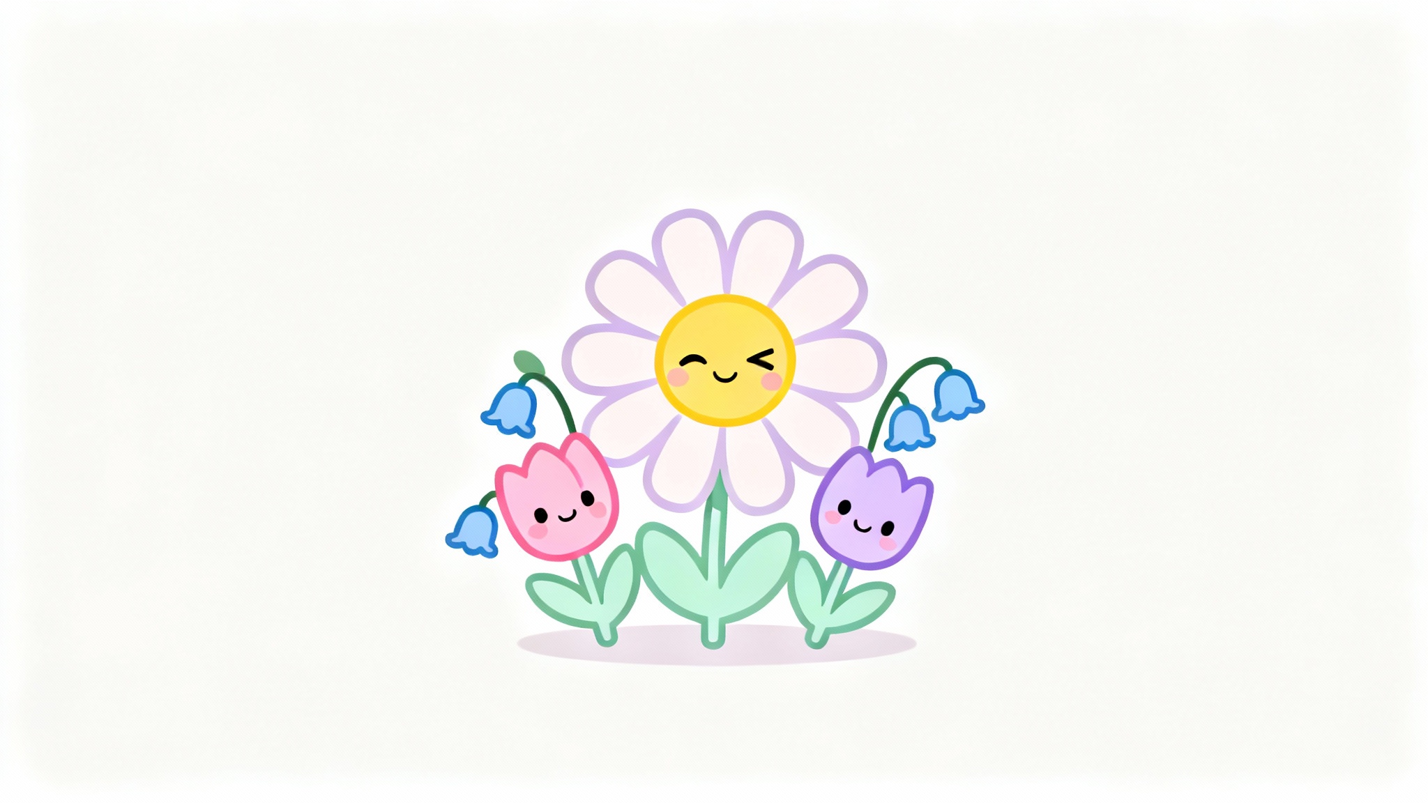 A cute digital illustration of several cartoon flowers with smiling faces, rendered in soft pastel colors against a solid white background in a minimalist kawaii style.