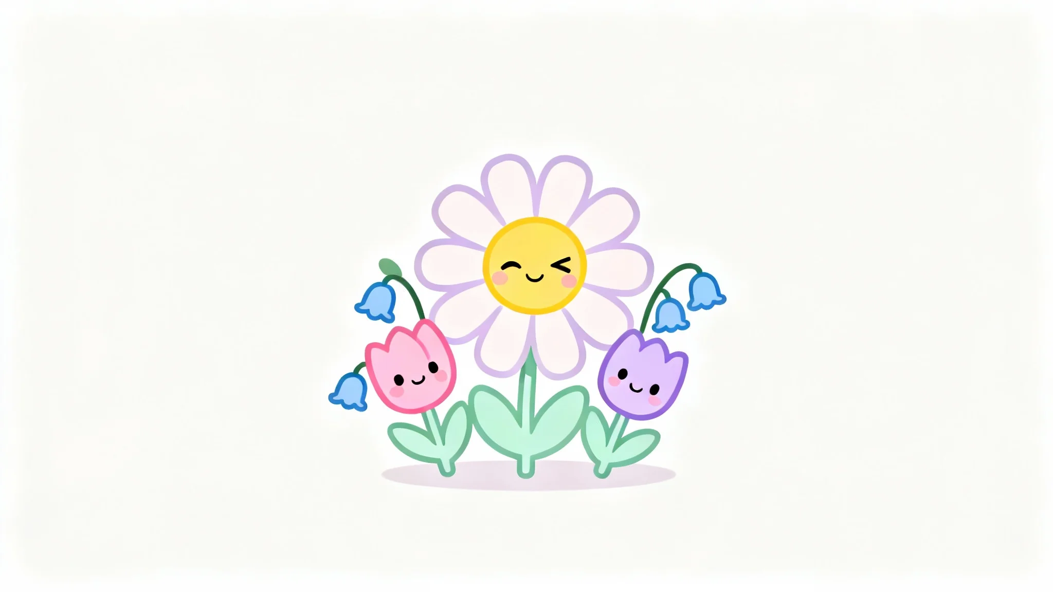 A cute digital illustration of several cartoon flowers with smiling faces, rendered in soft pastel colors against a solid white background in a minimalist kawaii style.