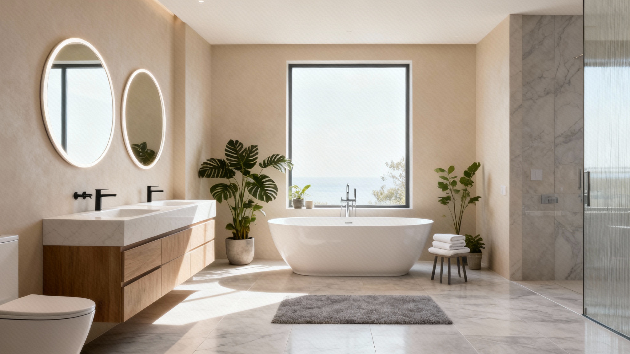 A photorealistic rendering of a finished luxury bathroom design, featuring a freestanding tub by a window, a double vanity to the left, and serene, modern decor.