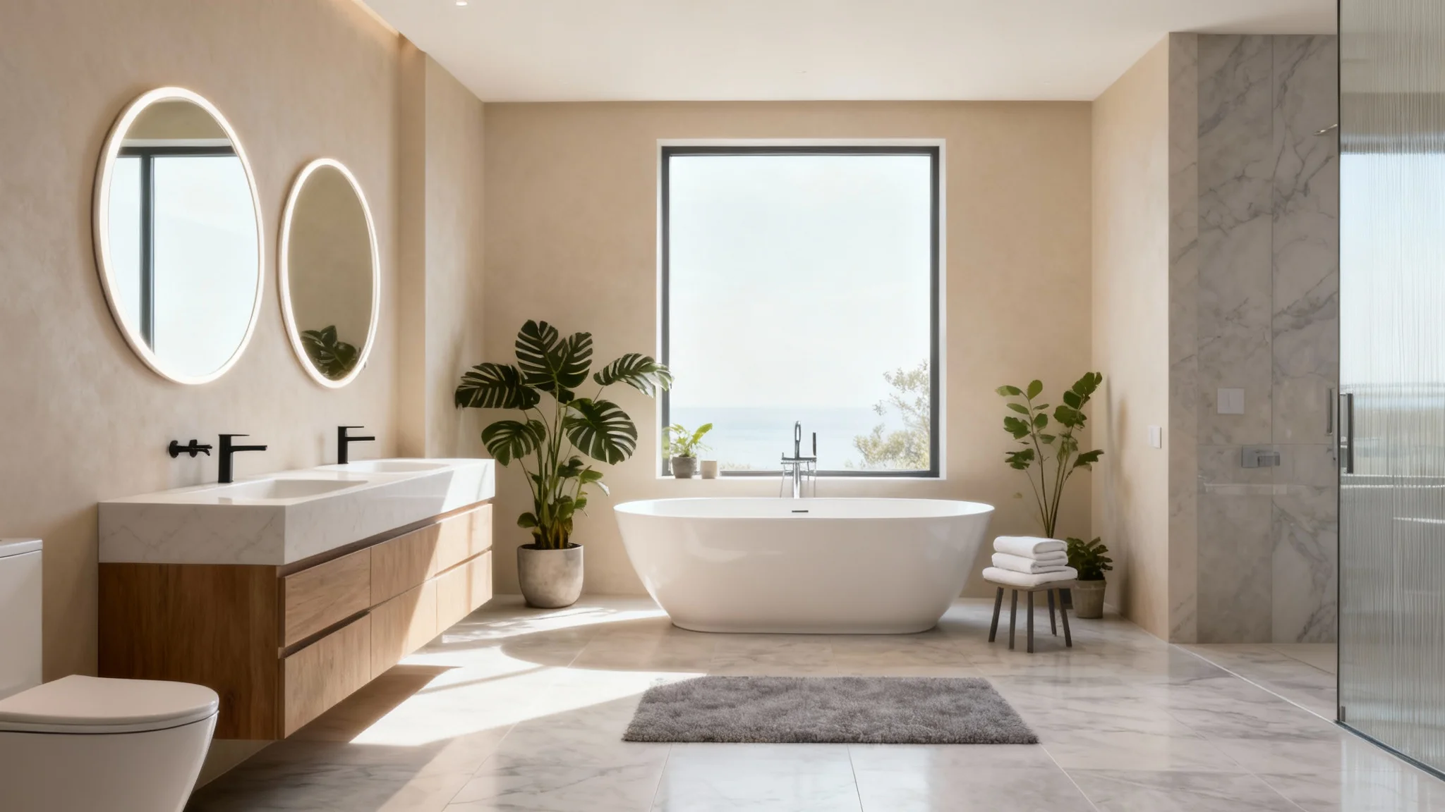A photorealistic rendering of a finished luxury bathroom design, featuring a freestanding tub by a window, a double vanity to the left, and serene, modern decor.