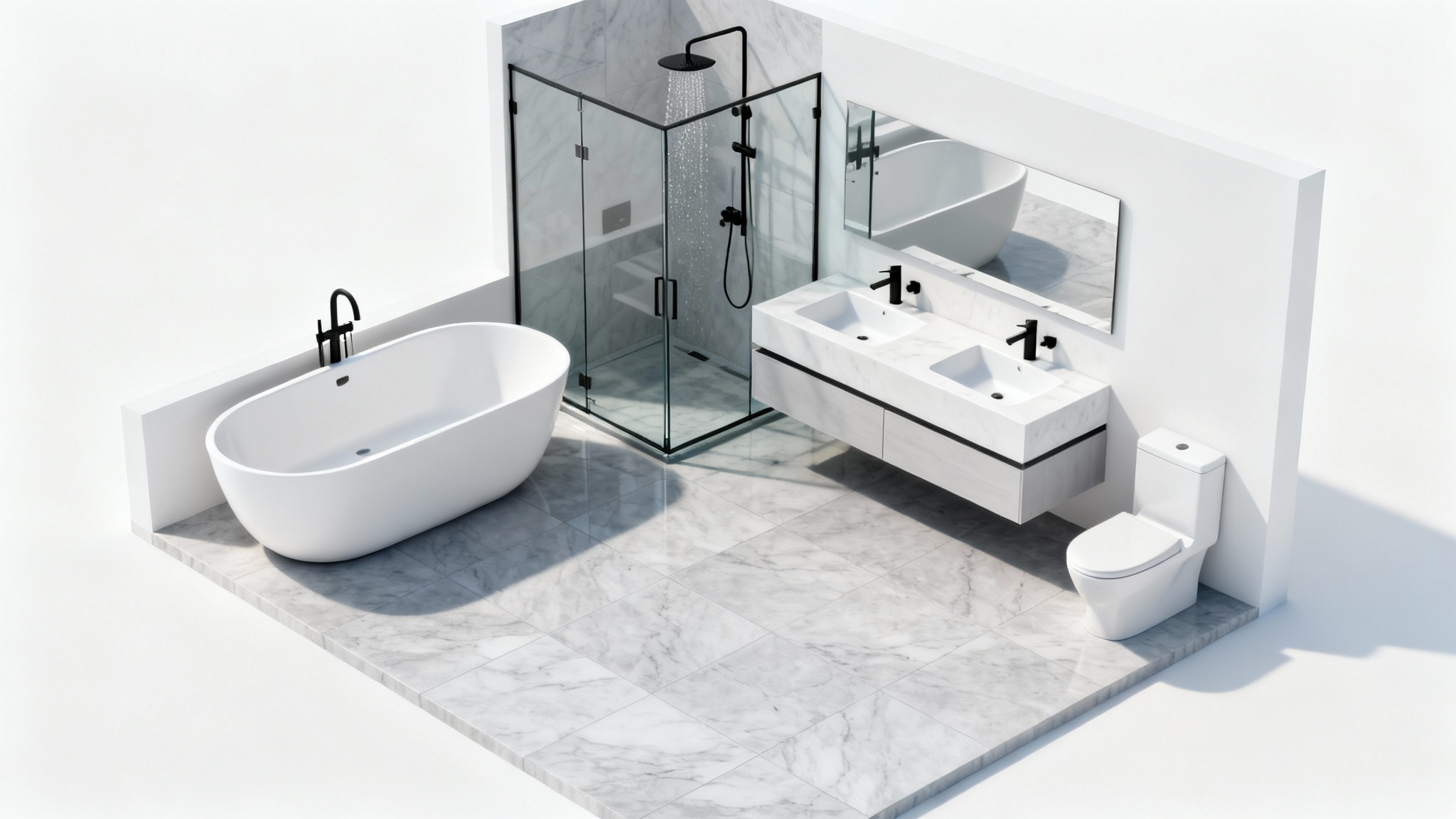 A 3D top-down architectural rendering of a modern bathroom layout, showing a bathtub, shower, double vanity, and toilet in a clean, spacious design against a white background.