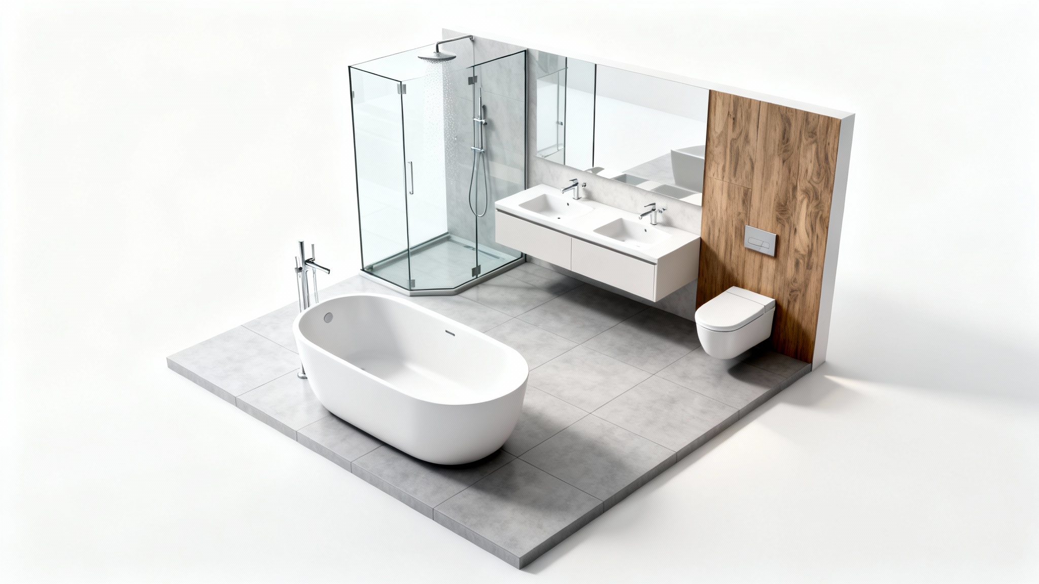 A 3D isometric rendering of a modern bathroom layout, showcasing a freestanding tub, walk-in shower, and double vanity on a clean white background.