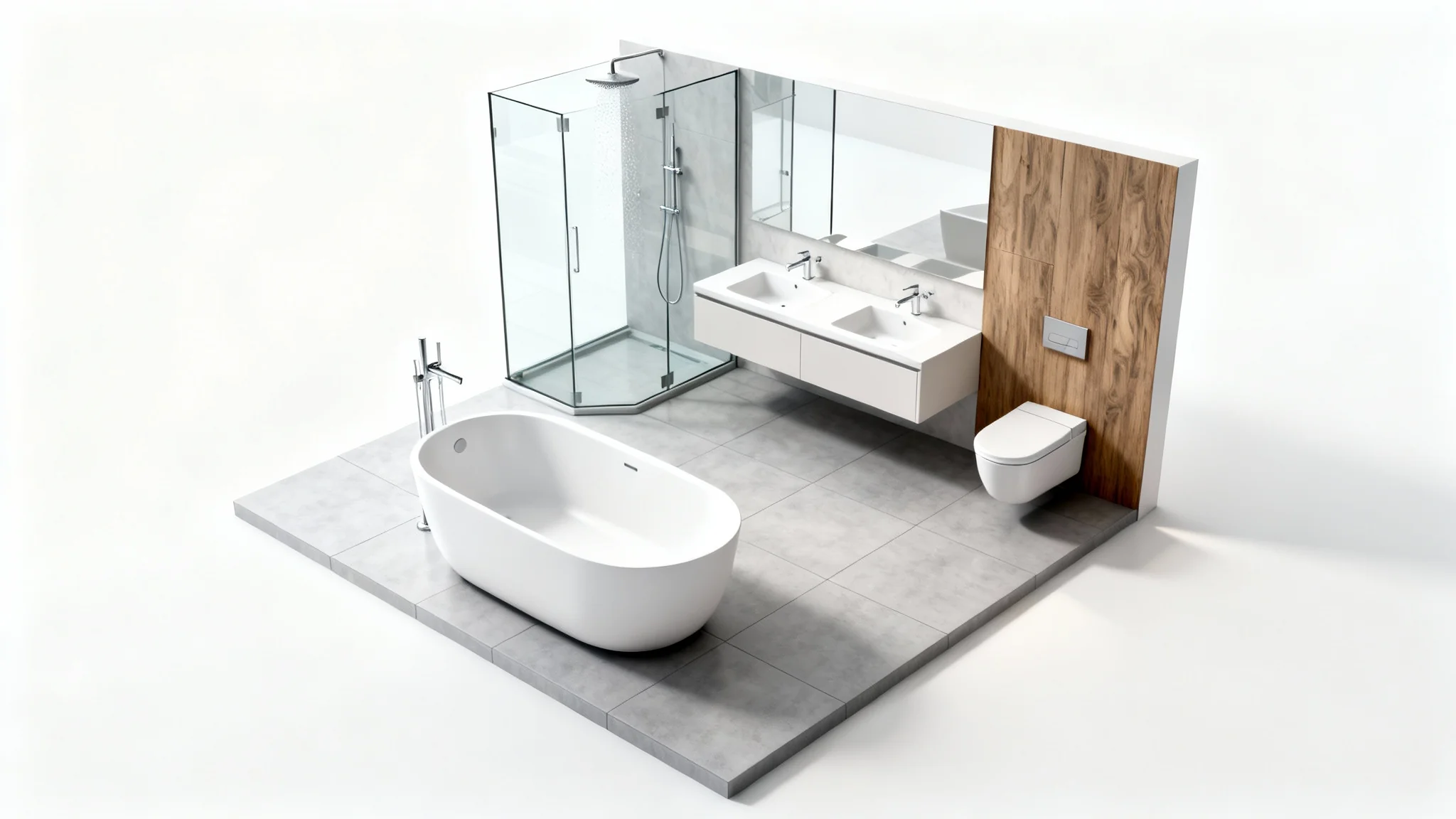 A 3D isometric rendering of a modern bathroom layout, showcasing a freestanding tub, walk-in shower, and double vanity on a clean white background.