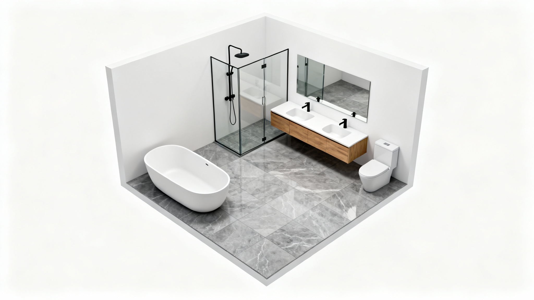 An isometric 3D render of a modern bathroom layout, showcasing a clean arrangement of a bathtub, glass shower, double vanity, and toilet against a white background.
