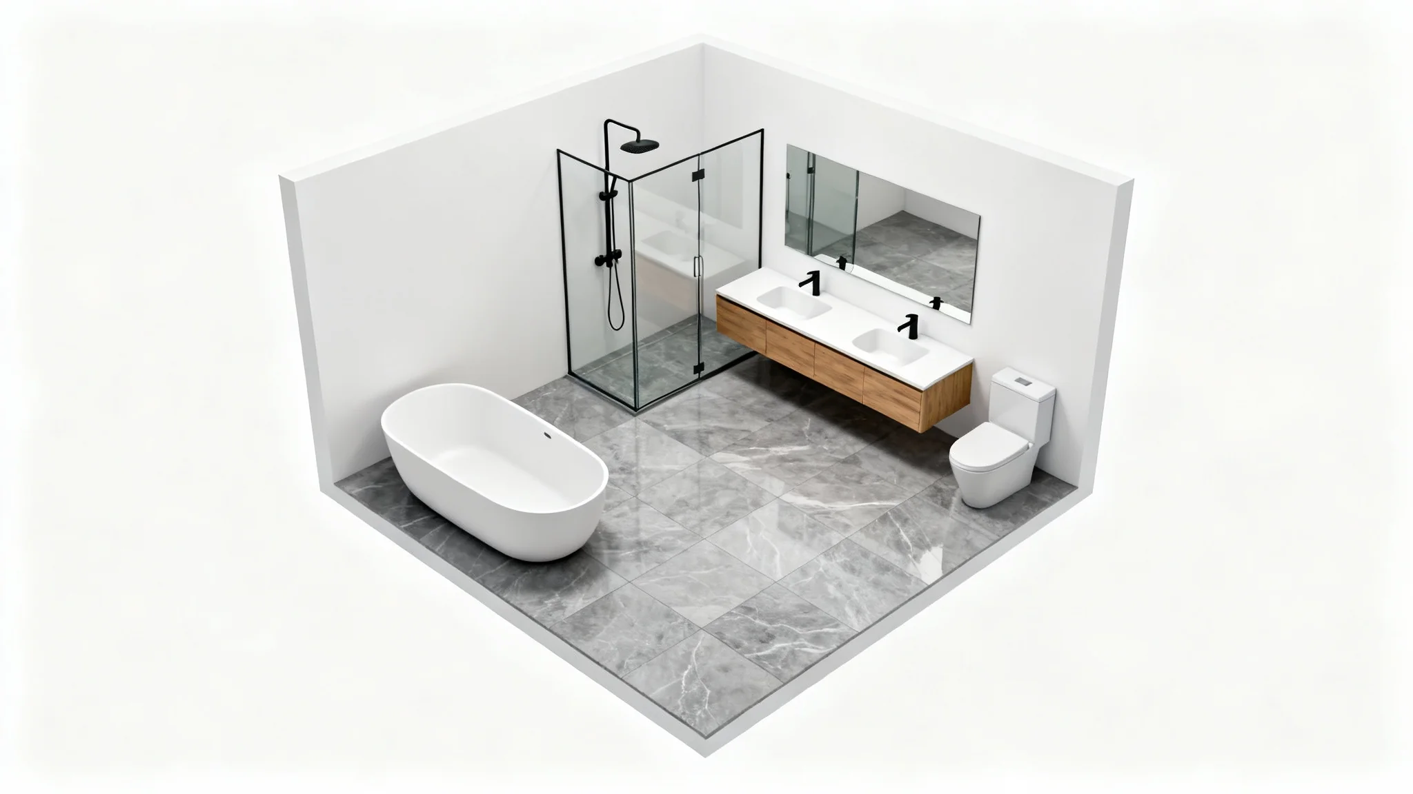 An isometric 3D render of a modern bathroom layout, showcasing a clean arrangement of a bathtub, glass shower, double vanity, and toilet against a white background.