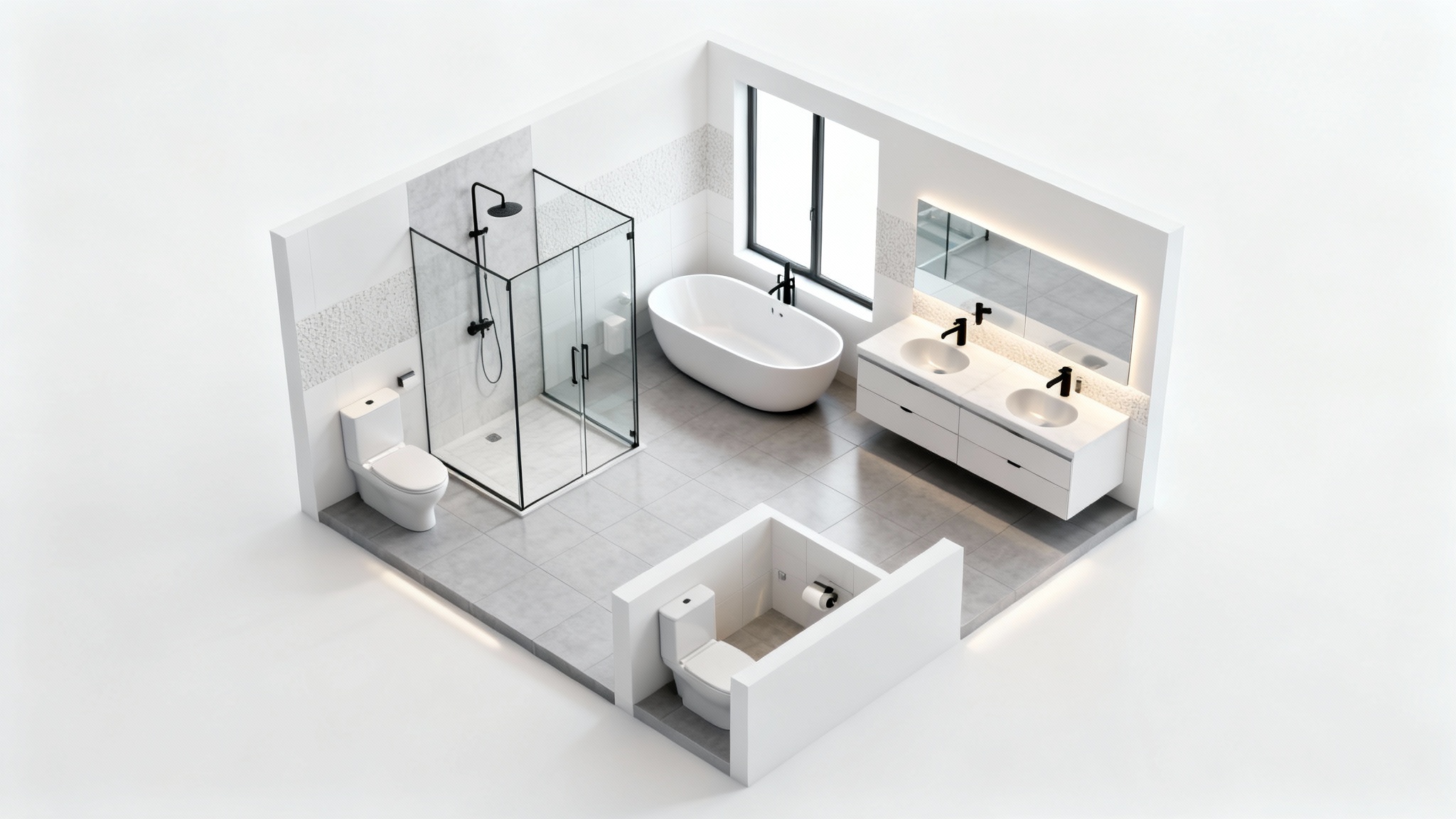 An isometric 3D render of a modern bathroom layout, showing the arrangement of a shower, bathtub, and double vanity in a clean, minimalist style on a white background.