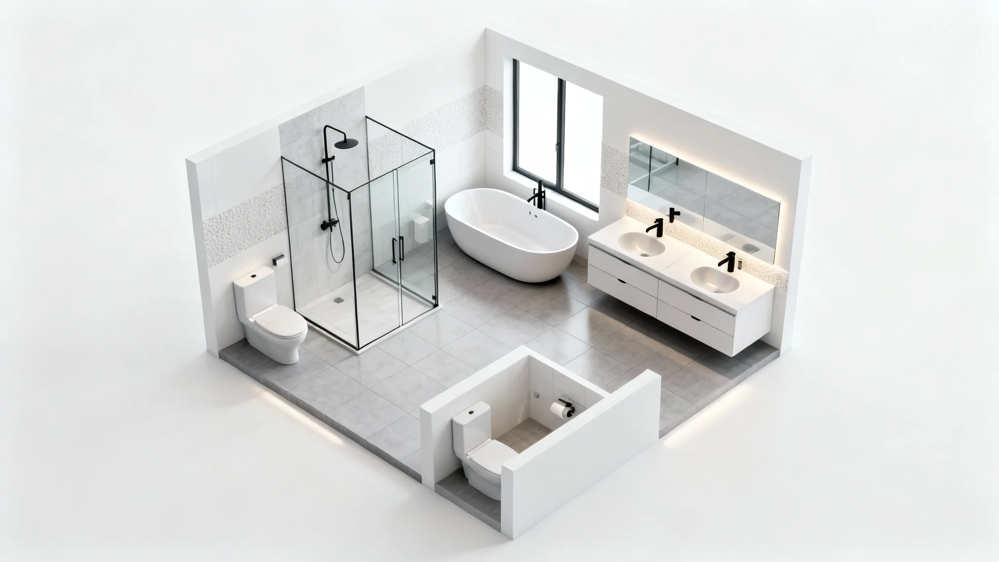 An isometric 3D render of a modern bathroom layout, showing the arrangement of a shower, bathtub, and double vanity in a clean, minimalist style on a white background.