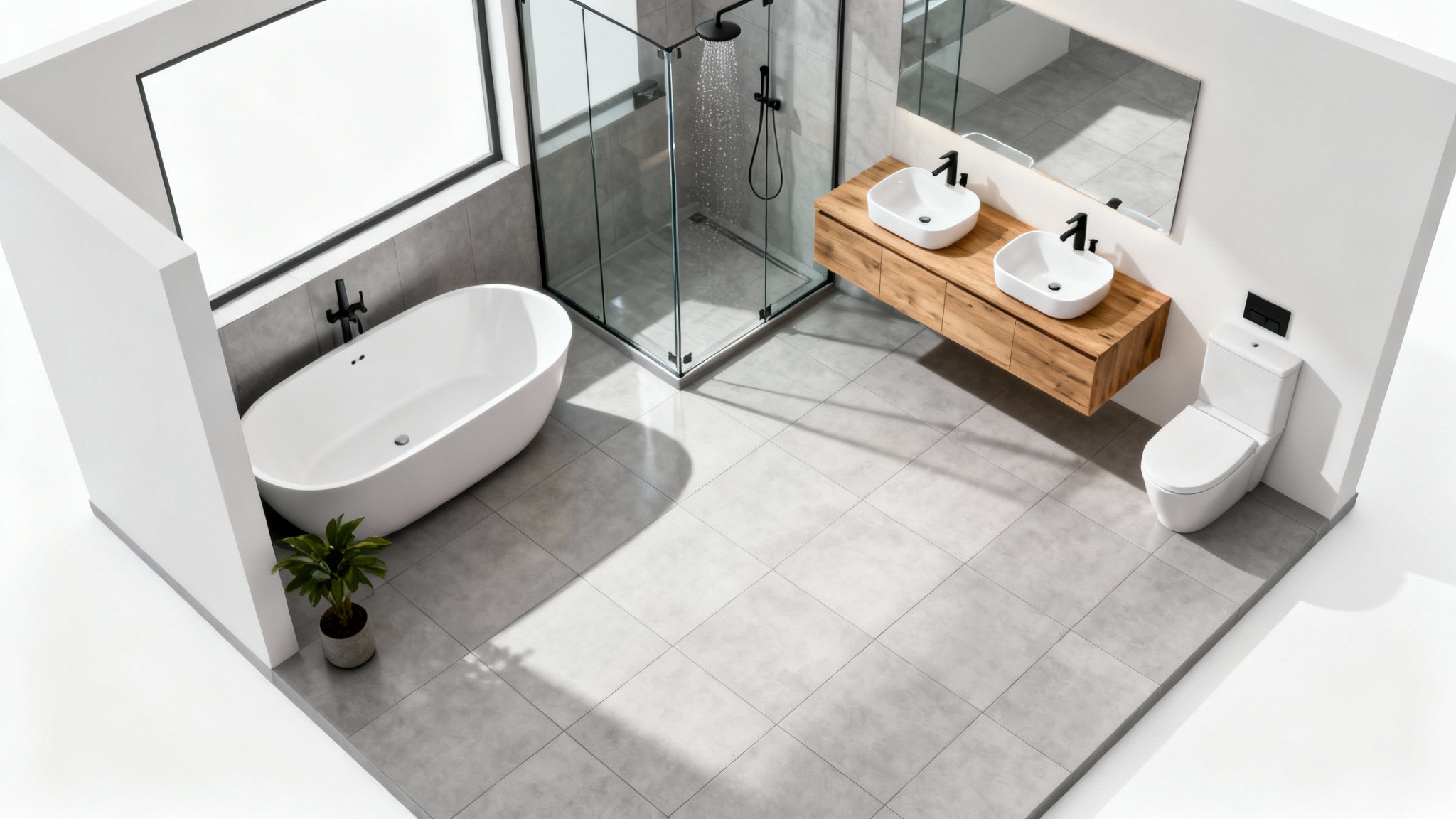 An isometric, top-down view of a modern bathroom layout, showcasing a freestanding tub, walk-in shower, and double vanity against a plain white background.