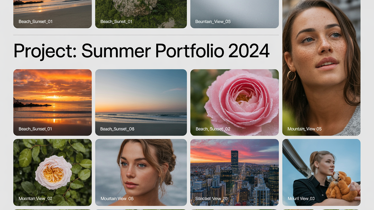 A professionally designed digital contact sheet titled 'Project: Summer Portfolio 2024', displaying a grid of twelve diverse, high-quality photos on a clean, modern layout, representing a final design.