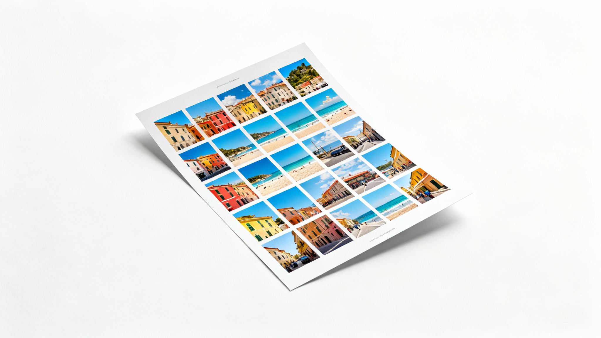 A mockup of a photographer's contact sheet showing a grid of thumbnail travel photos from an Italian coastal town, displayed on a clean white background.