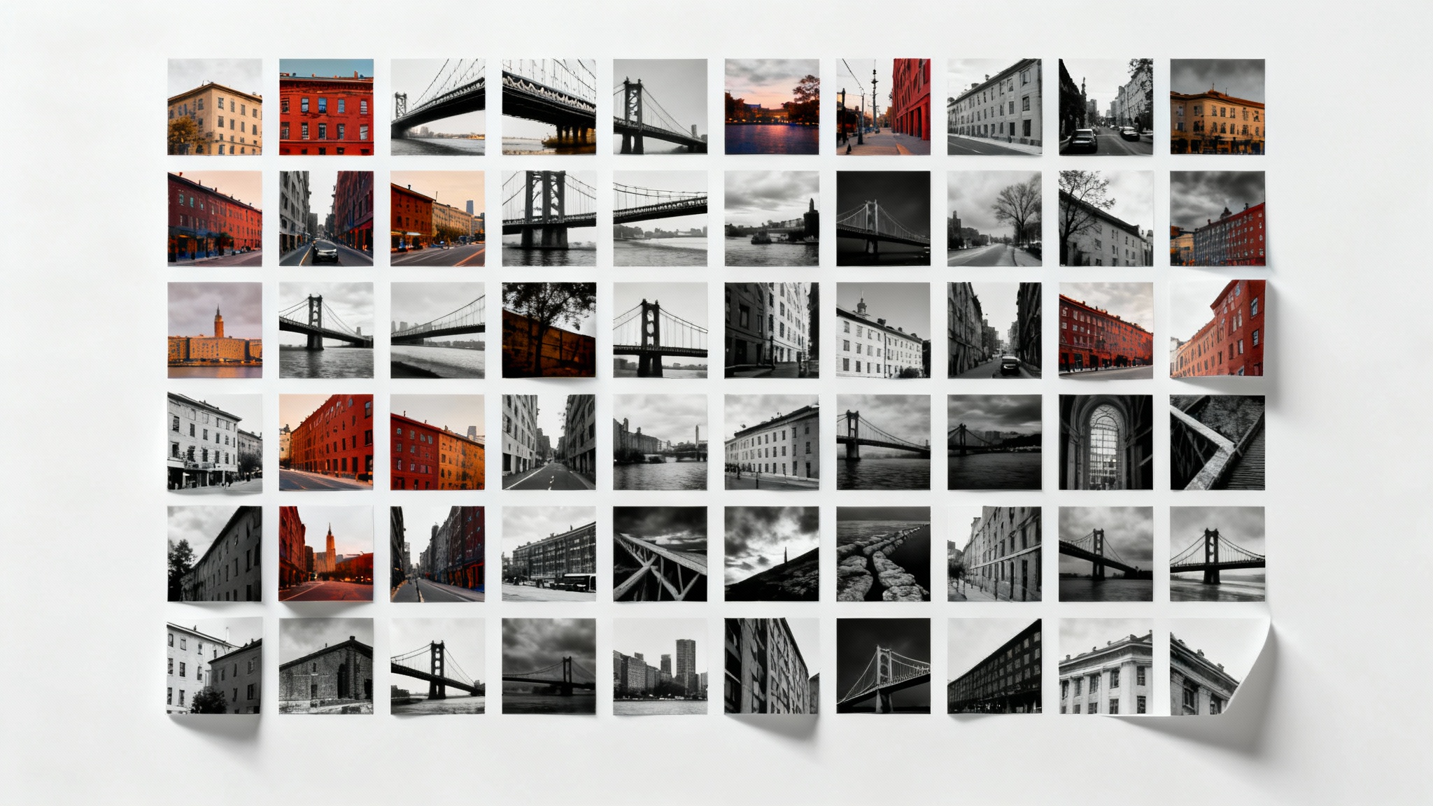 A mockup of a photographer's contact sheet featuring a grid of thumbnail images of city architecture, presented on a clean white background.