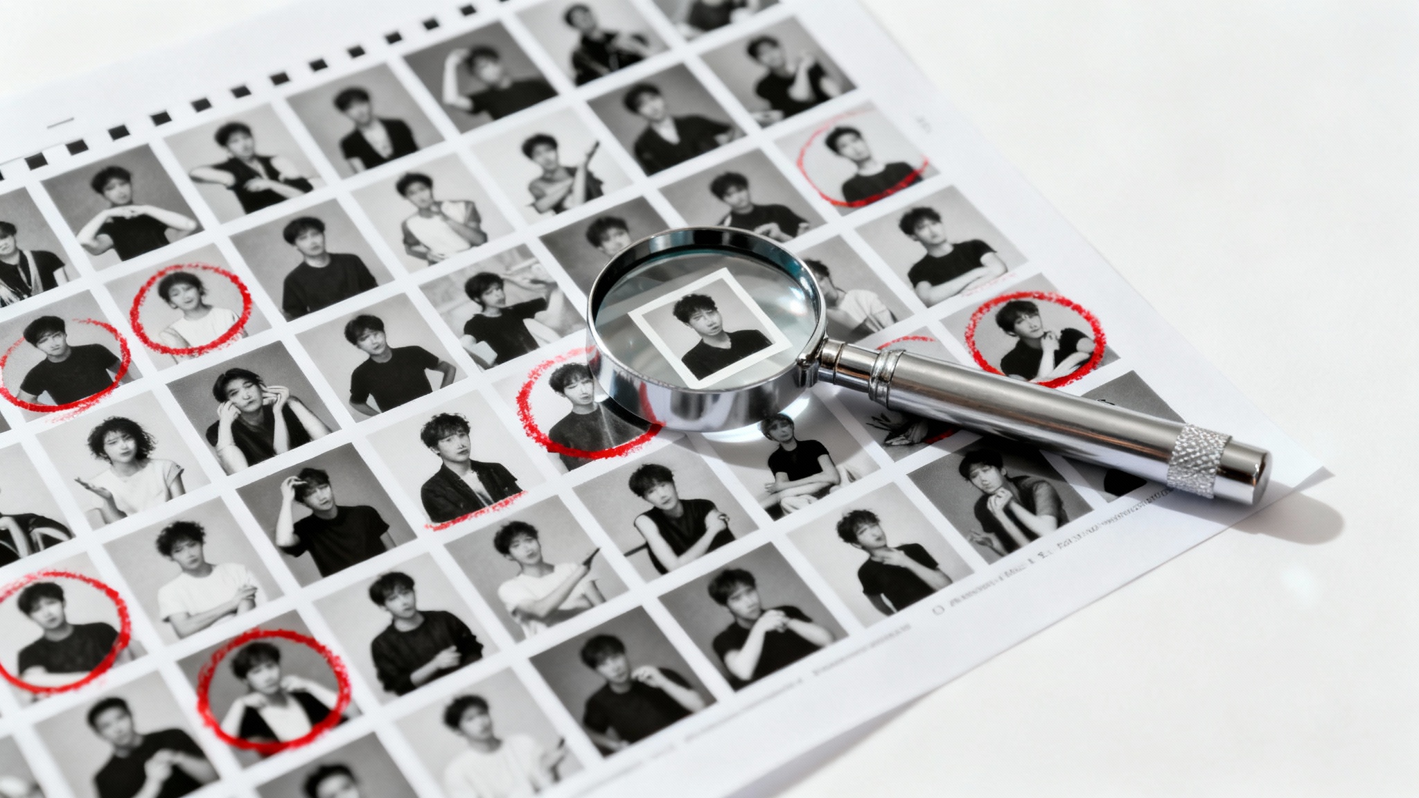 A top-down view of a photographer's black and white contact sheet, with a magnifying loupe and a red pencil resting on it, set against a plain white background.
