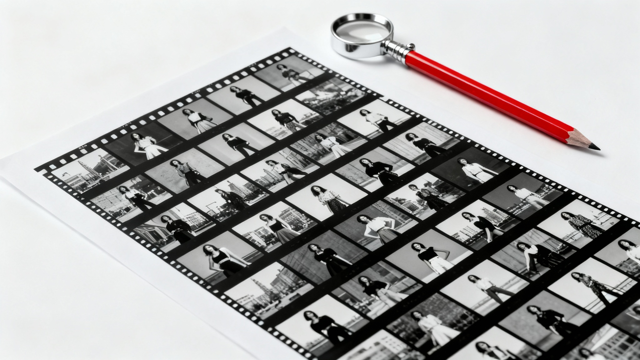 A photographer's contact sheet with small black and white fashion photos laid on a white surface, with a red pencil and a magnifying loupe placed next to it.