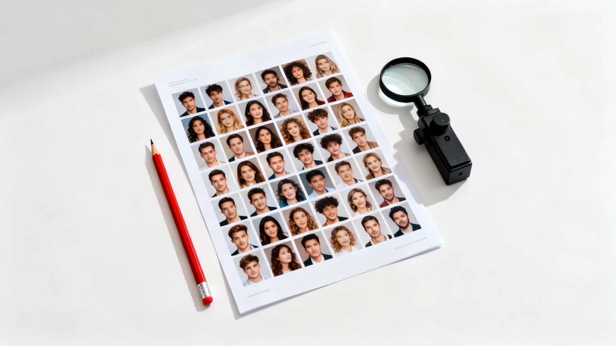 A top-down photo of a photographer's contact sheet filled with portrait thumbnails, placed on a white background with a red pencil and a magnifying loupe beside it.