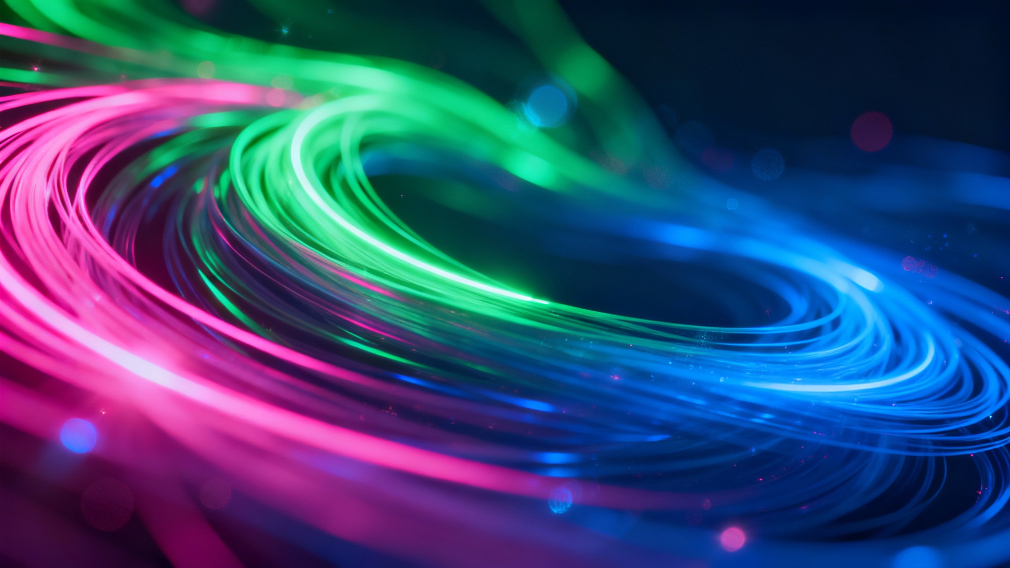 A vibrant and dynamic neon abstract background, featuring glowing swirls of pink, green, and blue light that intertwine on a dark backdrop, creating a sense of depth and energy with a polished, high-tech aesthetic.