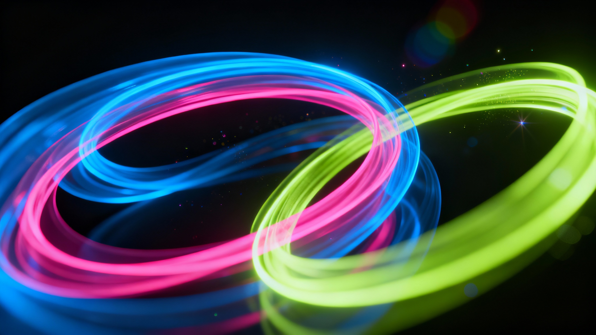 A vibrant abstract image featuring swirling lines of glowing neon light in pink, blue, and green on a dark background, creating a futuristic and energetic feel.