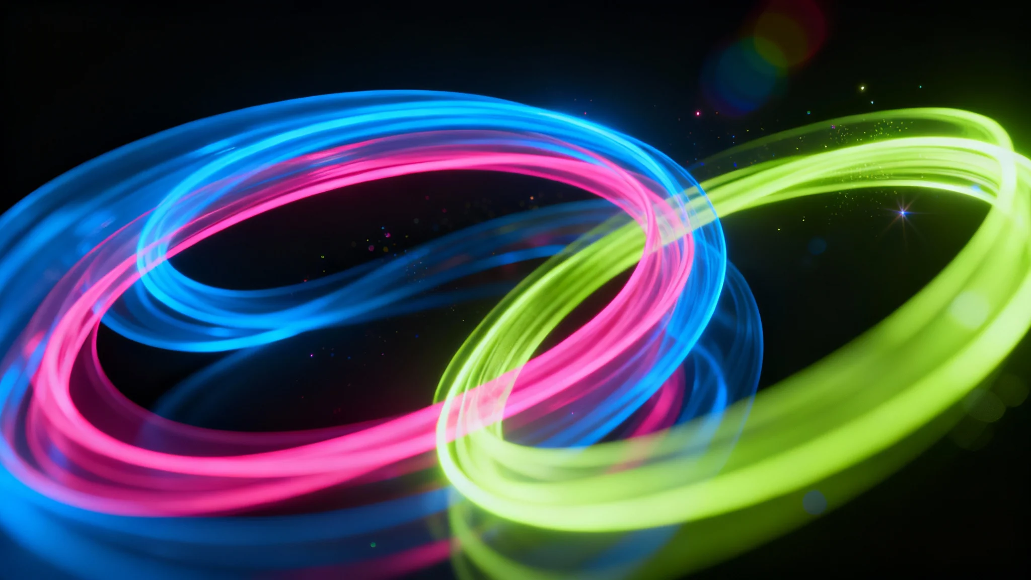 A vibrant abstract image featuring swirling lines of glowing neon light in pink, blue, and green on a dark background, creating a futuristic and energetic feel.