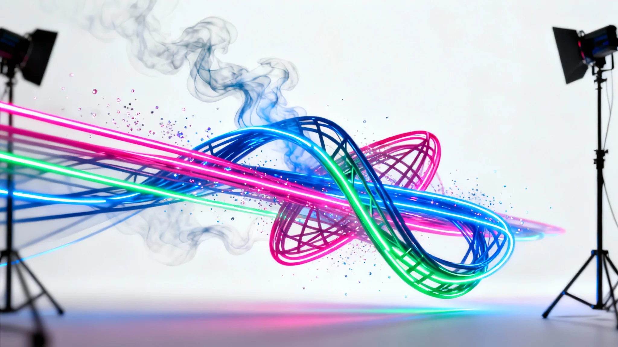 An abstract background featuring vibrant, glowing neon lines in blue, pink, and green swirling on a clean white background, creating a futuristic and energetic design.