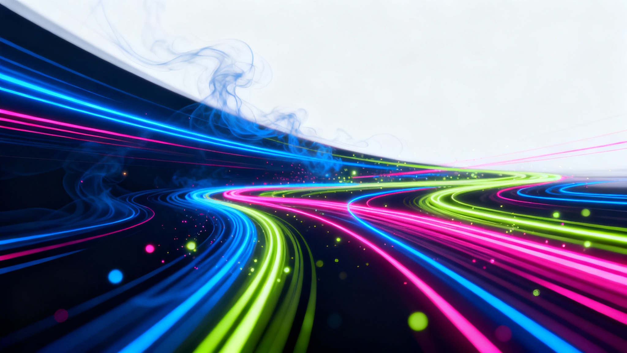 A vibrant abstract background with swirling neon lines in blue, pink, and green on a dark canvas, creating a futuristic and energetic effect.