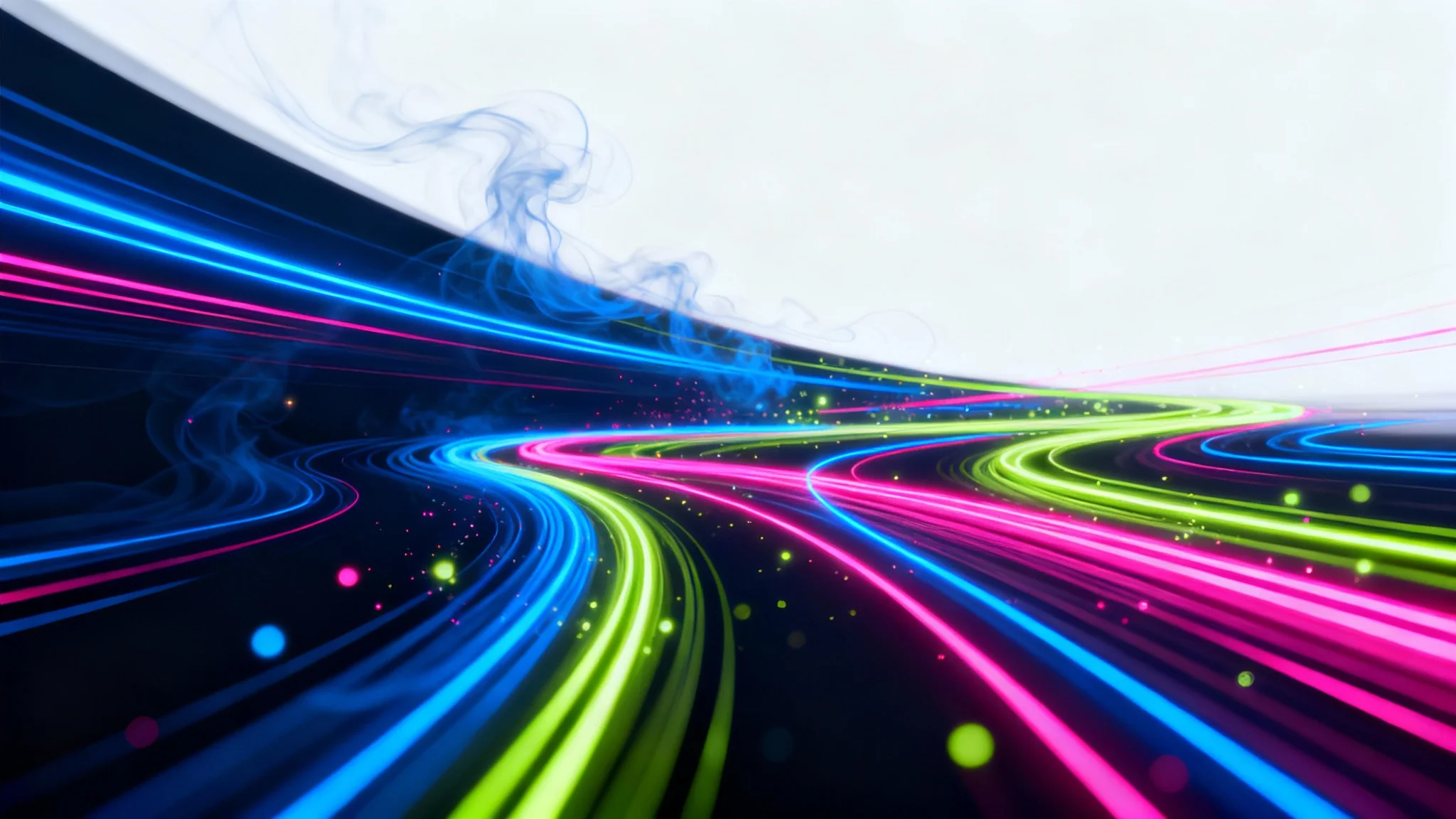 A vibrant abstract background with swirling neon lines in blue, pink, and green on a dark canvas, creating a futuristic and energetic effect.