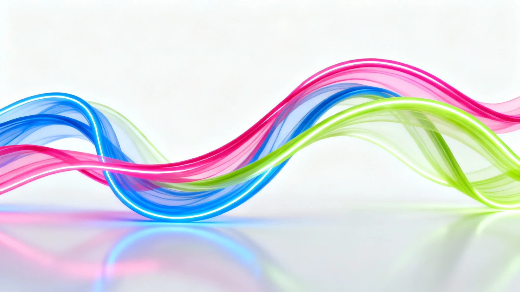 An abstract background featuring vibrant, swirling lines of neon light in blue, pink, and green, presented on a clean white background.