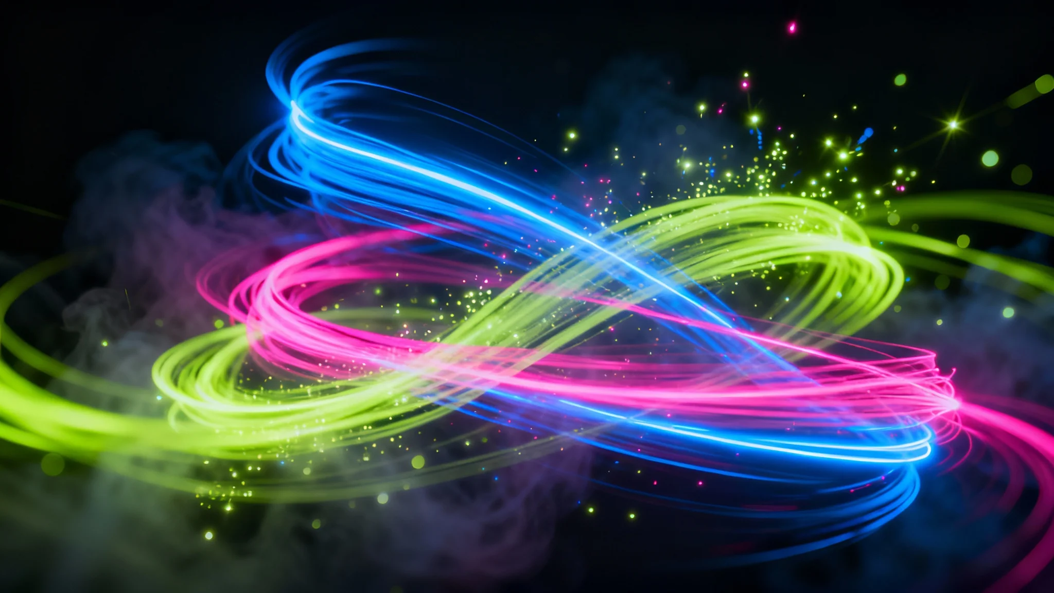 A vibrant abstract background featuring swirling, glowing lines of neon light in blue, pink, and green, creating a futuristic and energetic visual.