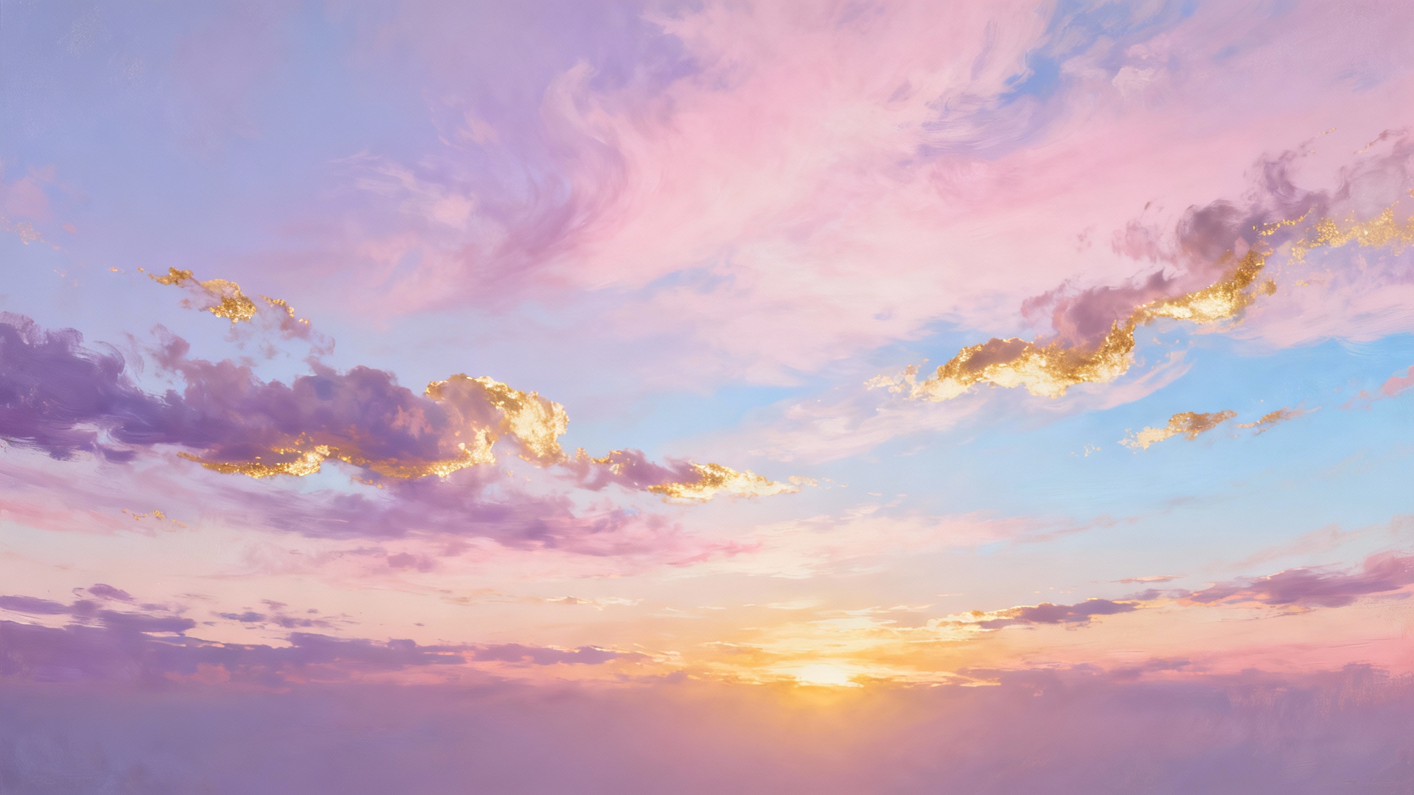 A beautiful pastel sky background with soft pink, lavender, and blue colors, featuring fluffy clouds and a glowing horizon, creating a serene and dreamy atmosphere.