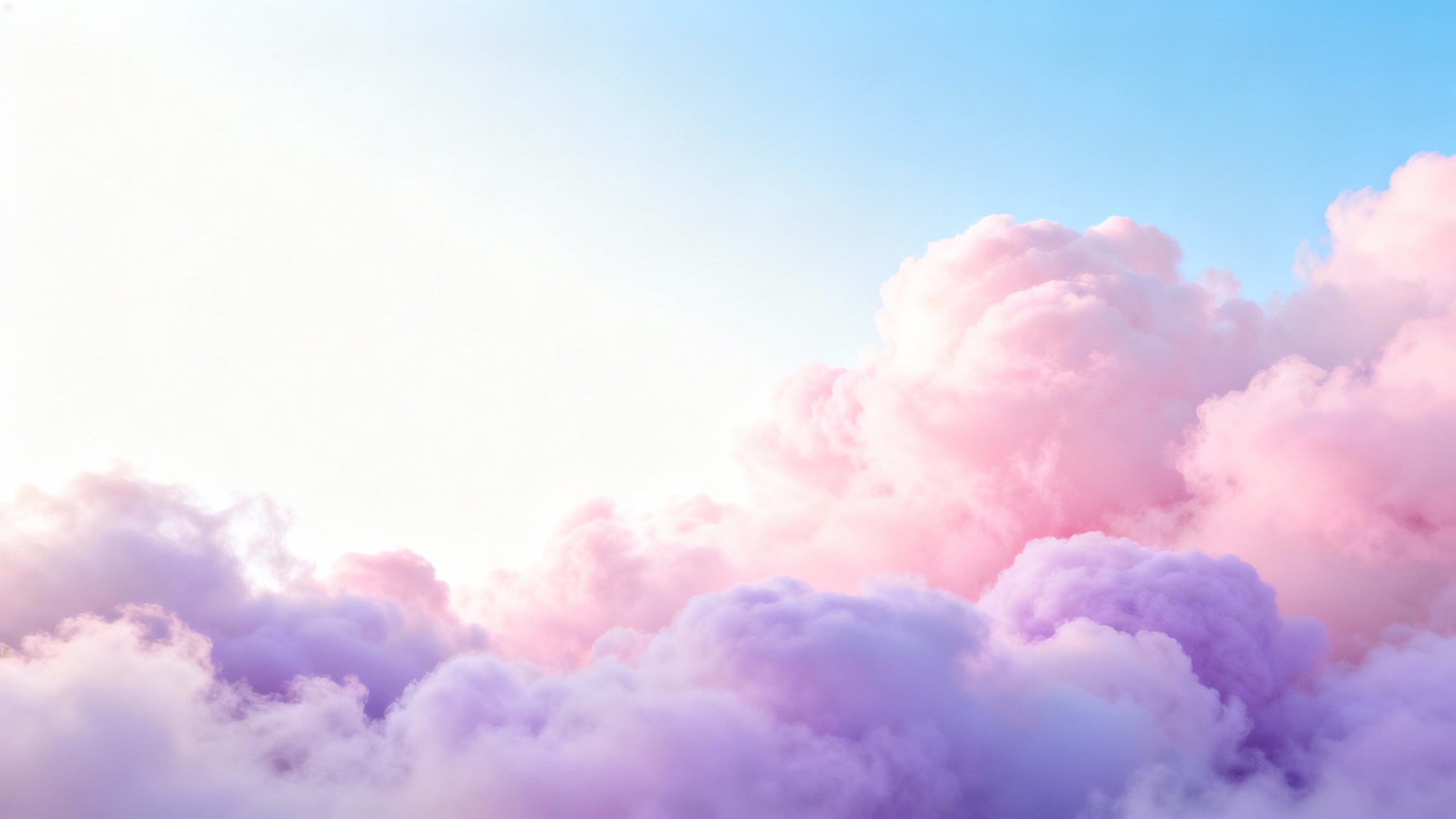 A dreamy pastel sky background with soft gradients of blue, pink, and lavender, featuring wispy, fluffy clouds.