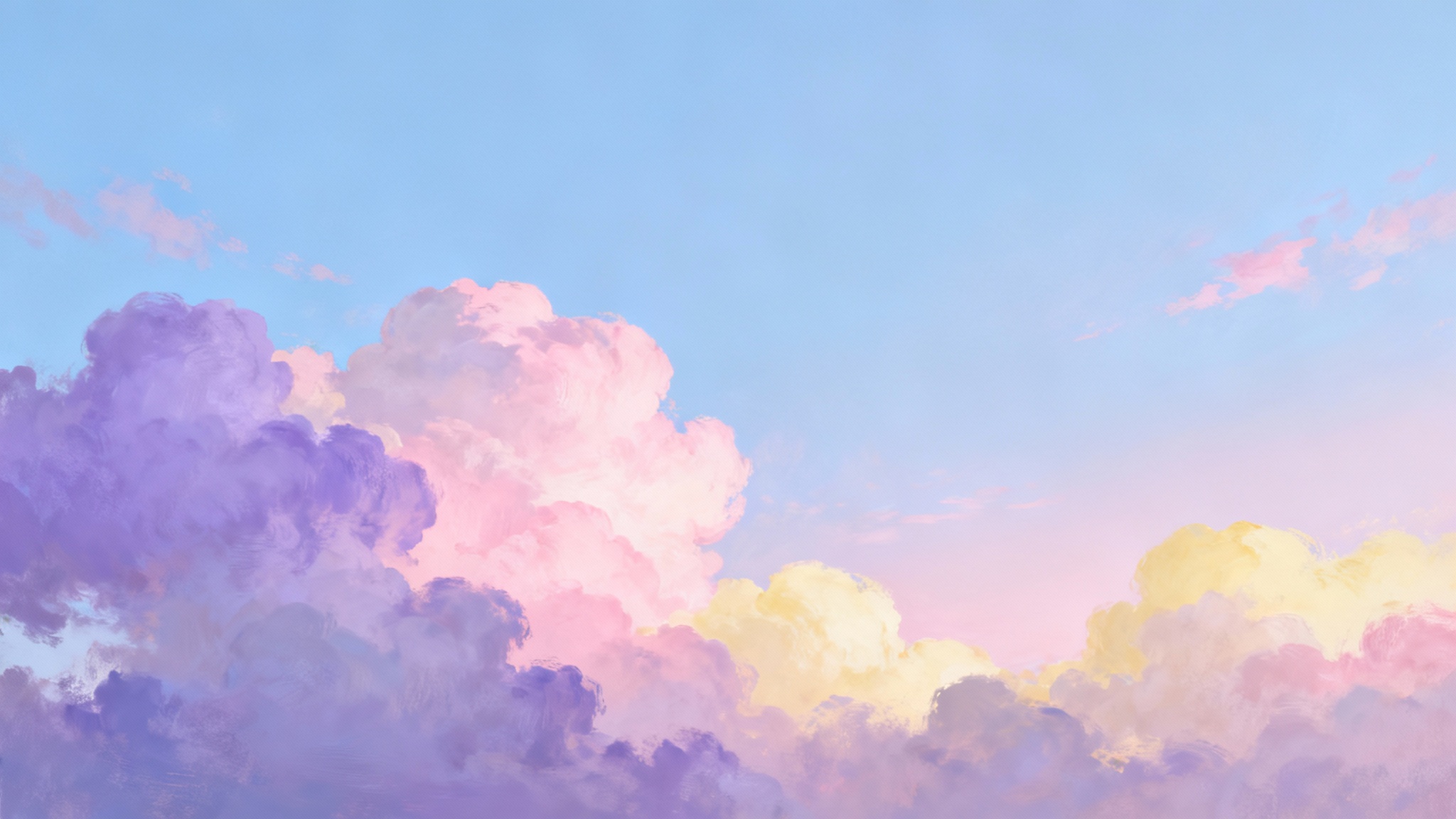 A serene and dreamy pastel sky background with soft, fluffy clouds in shades of pink, lavender, yellow, and light blue.