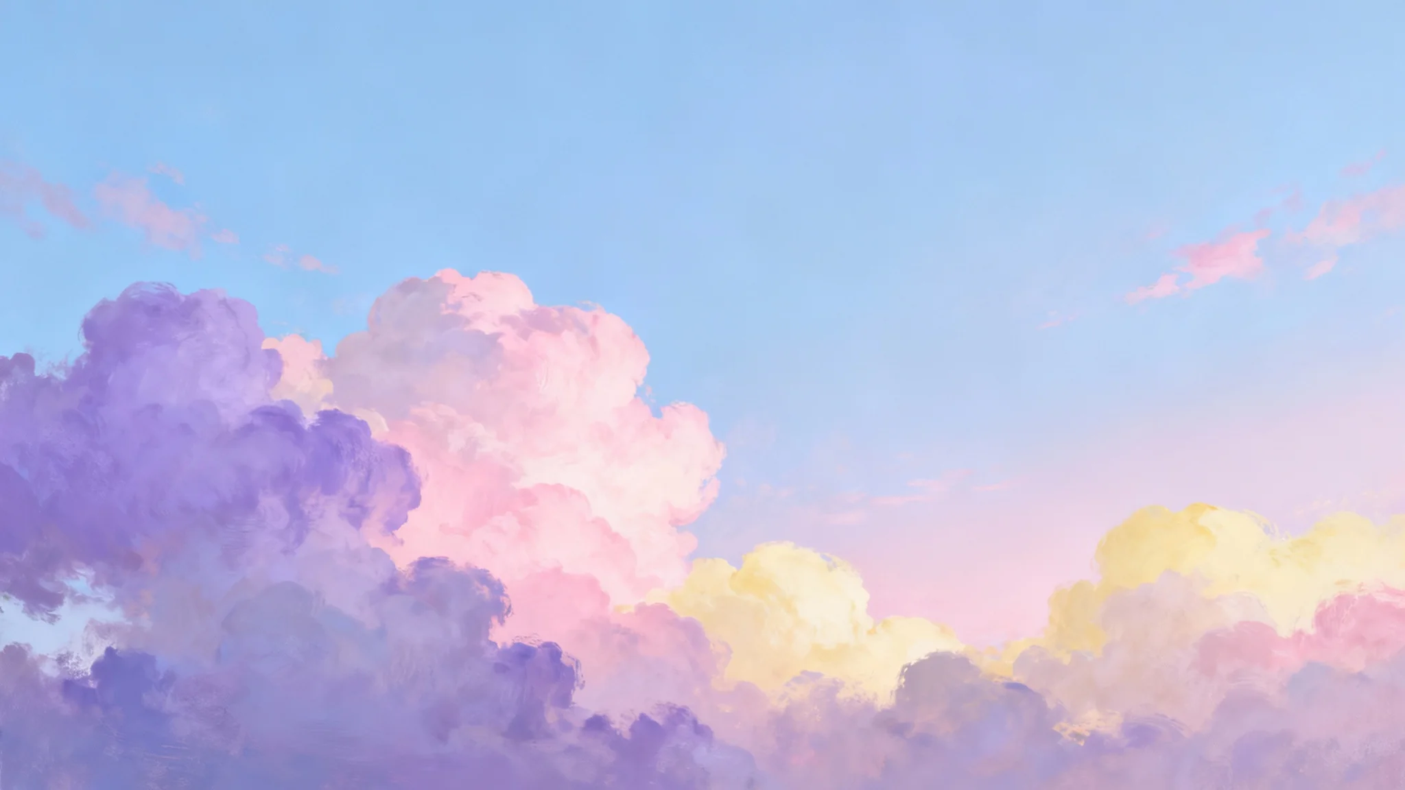A serene and dreamy pastel sky background with soft, fluffy clouds in shades of pink, lavender, yellow, and light blue.