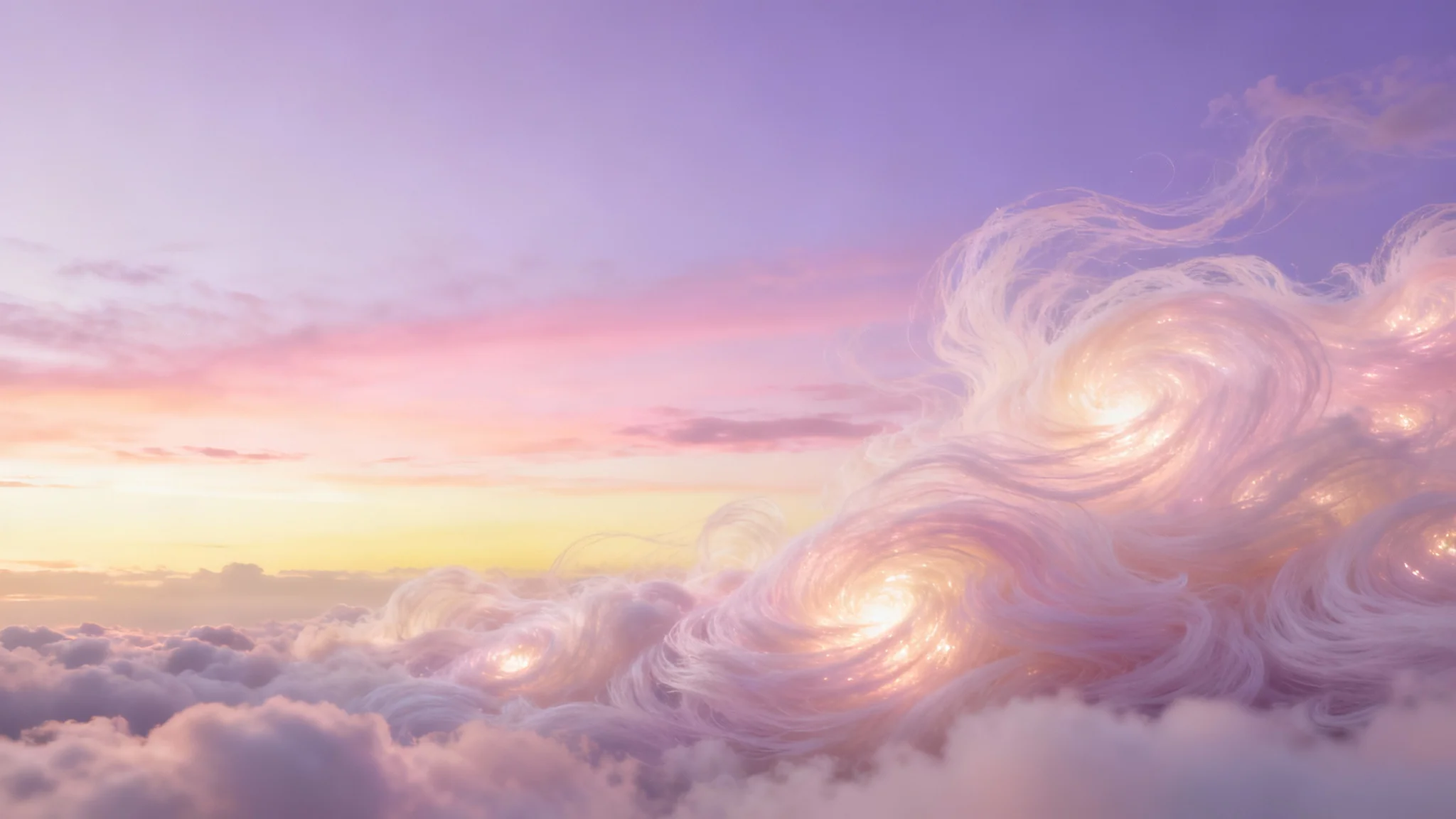 A serene and dreamy pastel sky background, featuring soft clouds blending from lavender and pink to pale yellow, creating a peaceful and magical twilight atmosphere.