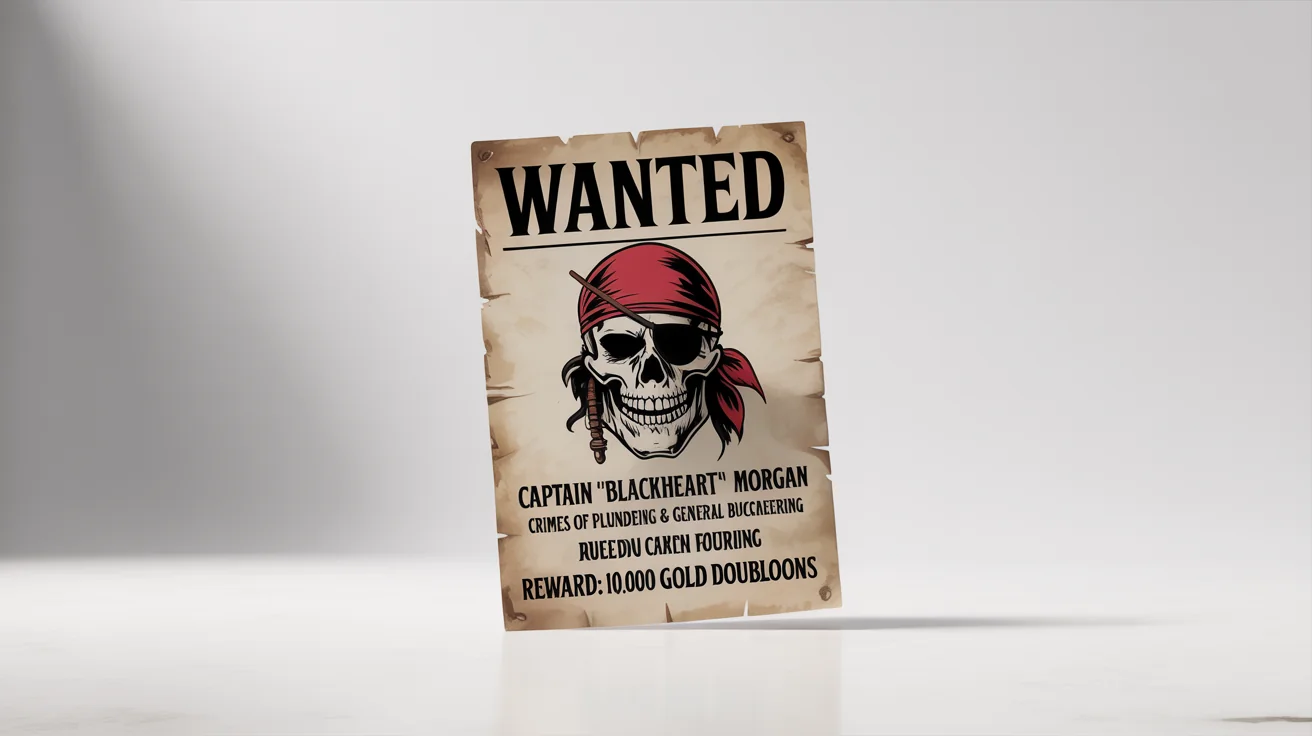 A pirate-themed 'Wanted' poster mockup on a white background. The aged parchment poster features a skull and crossbones illustration and legible text including 'WANTED', 'CAPTAIN “BLACKHEART” MORGAN', and a reward.