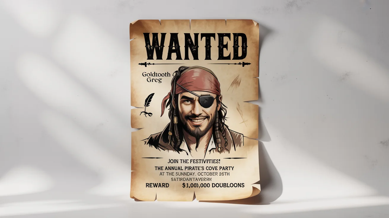 A mockup of an old, weathered pirate-themed 'Wanted' poster on a white background, advertising 'The Annual Pirate's Cove Party' with an illustration of a pirate captain.