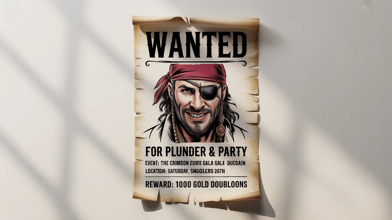 A mockup of a pirate-themed 'Wanted' poster on a white background, advertising an event called 'The Crimson Curse Gala'. The poster features a sketch of a pirate and details of the event.