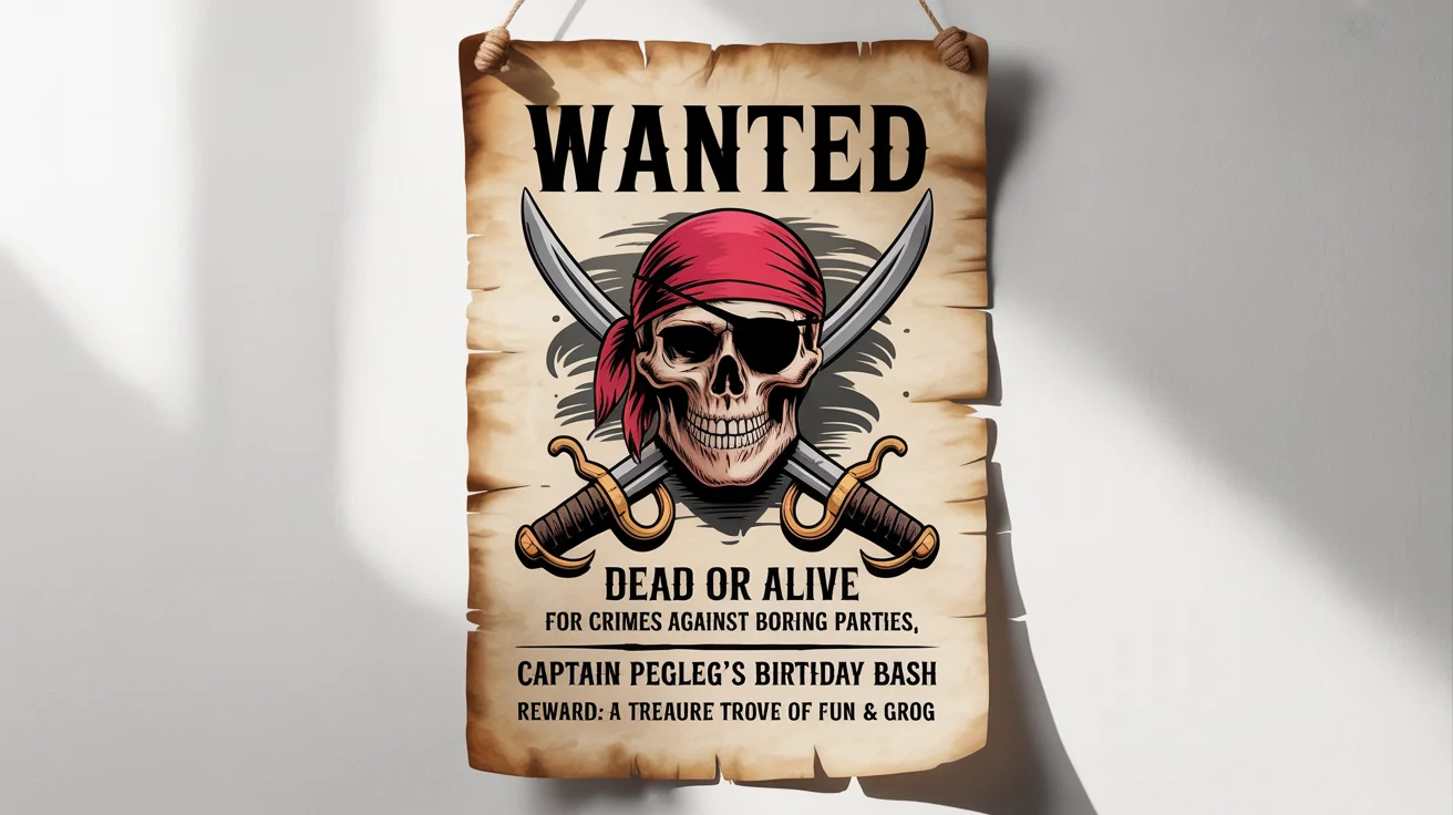 A pirate-themed 'Wanted' poster mockup for an event. The aged parchment poster features a skull and crossbones, with legible text that reads 'WANTED' and fictional party details.