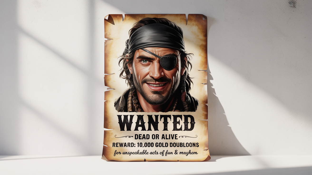 A pirate-themed 'Wanted' poster mockup on aged parchment against a white background. It features a sketch of a pirate and has text that reads 'WANTED', 'DEAD OR ALIVE', and offers a 'REWARD'.