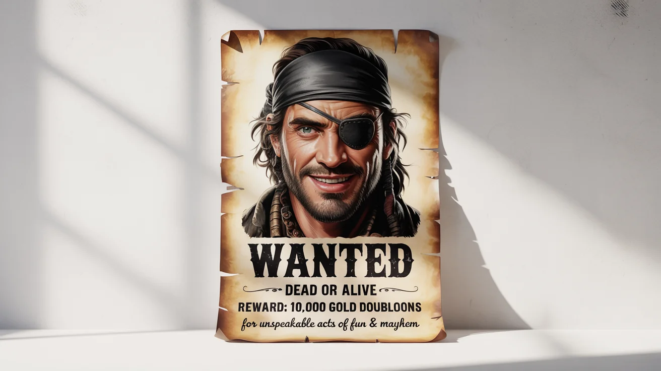 A pirate-themed 'Wanted' poster mockup on aged parchment against a white background. It features a sketch of a pirate and has text that reads 'WANTED', 'DEAD OR ALIVE', and offers a 'REWARD'.