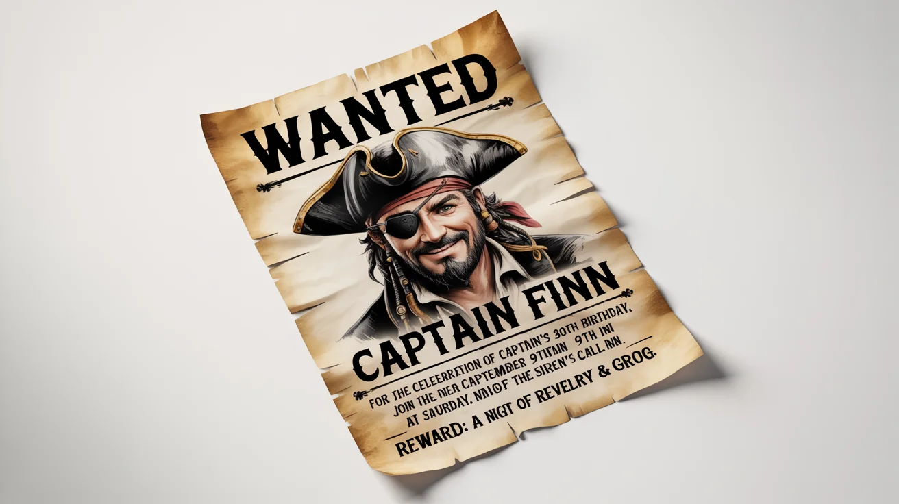 A pirate-themed 'Wanted' poster mockup on a white background, advertising 'Captain Finn's 30th Birthday' with a sketch of a pirate and event details.