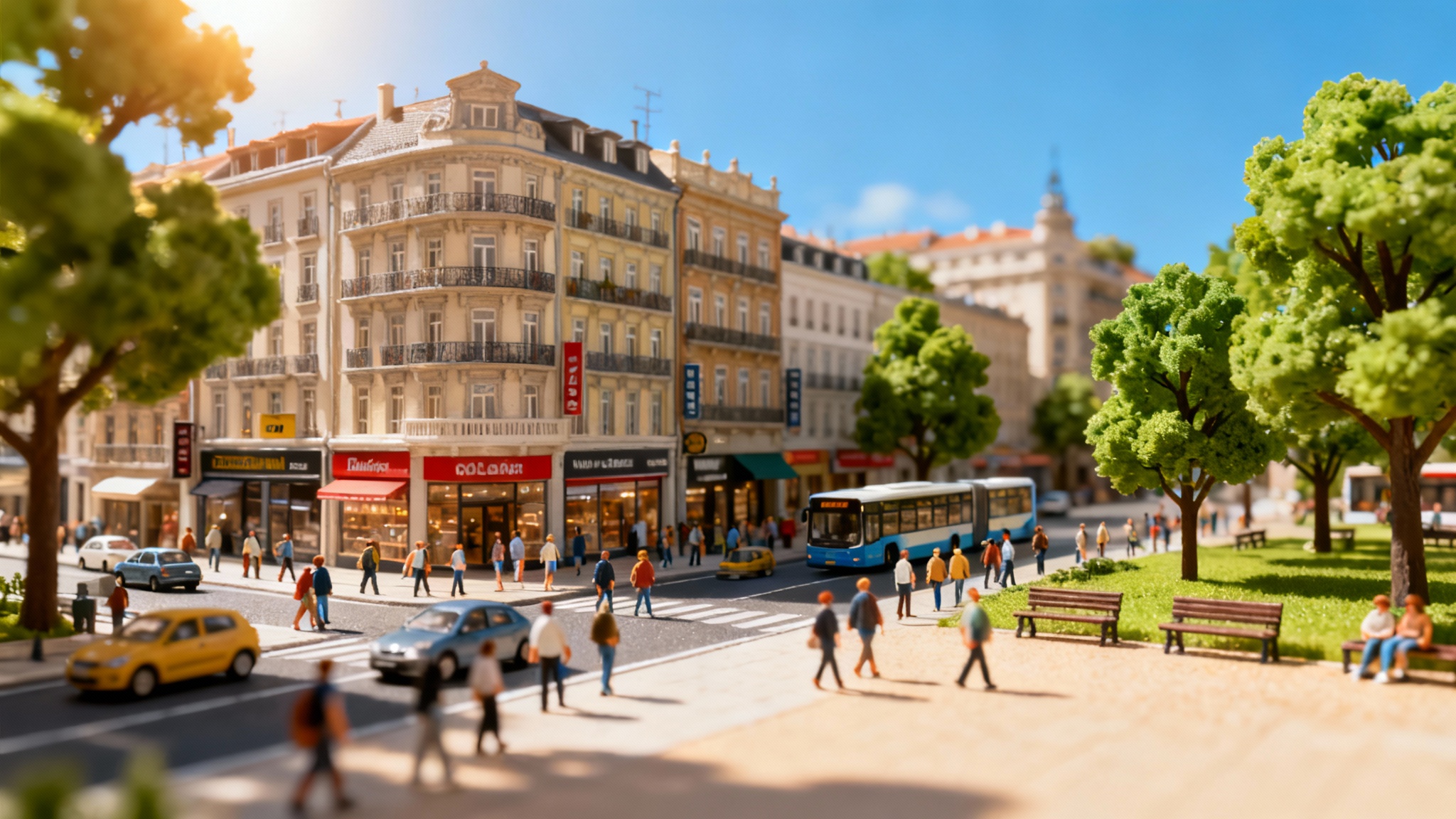 A photorealistic macro shot of a detailed miniature diorama showing a sunny day in a busy city, with tiny people, cars, and detailed buildings, creating a vibrant and lifelike scene.