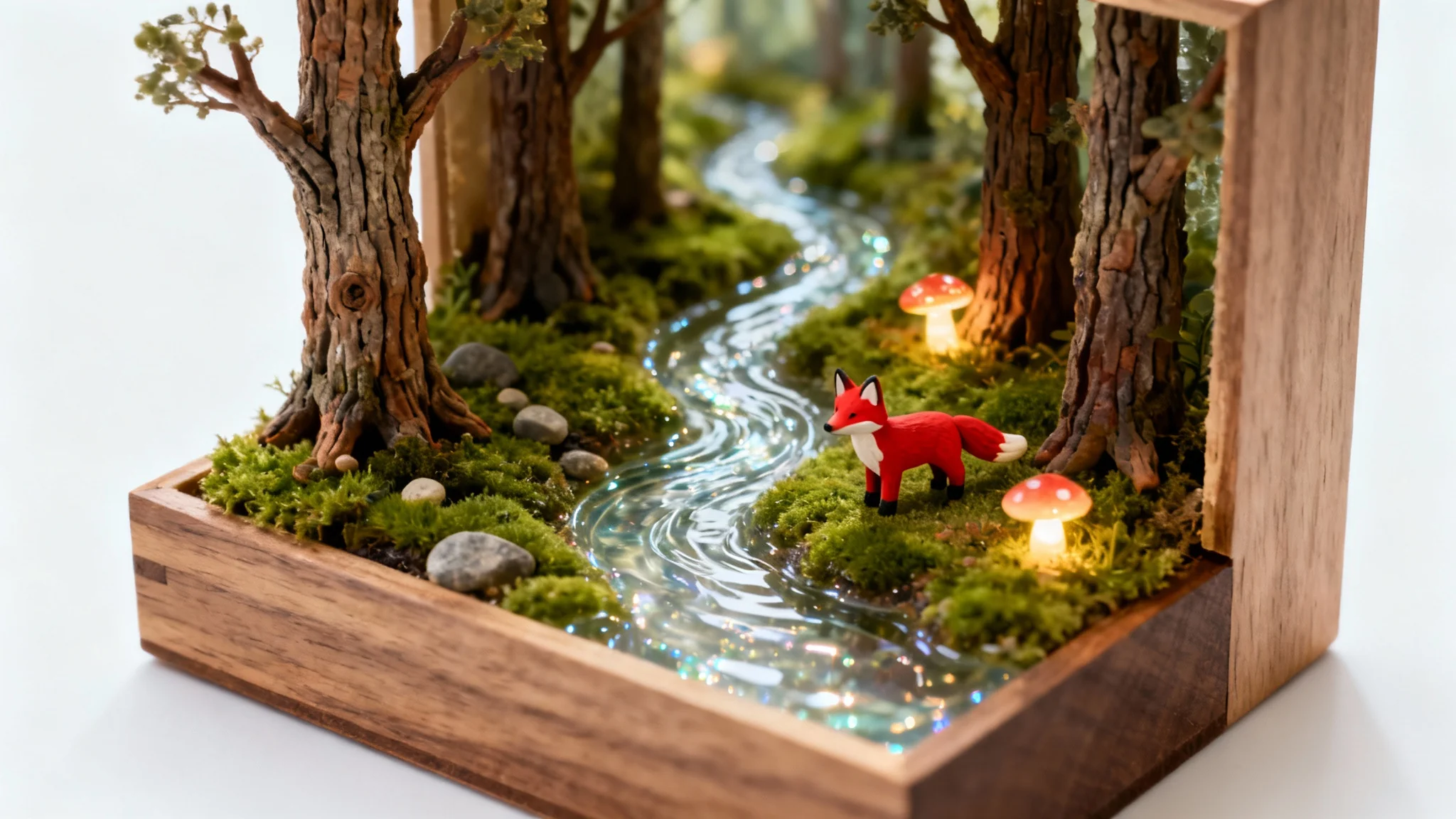 A hyper-realistic miniature diorama of an enchanted forest scene inside a wooden box, featuring a tiny fox, a stream, and glowing mushrooms, all set against a clean white background.