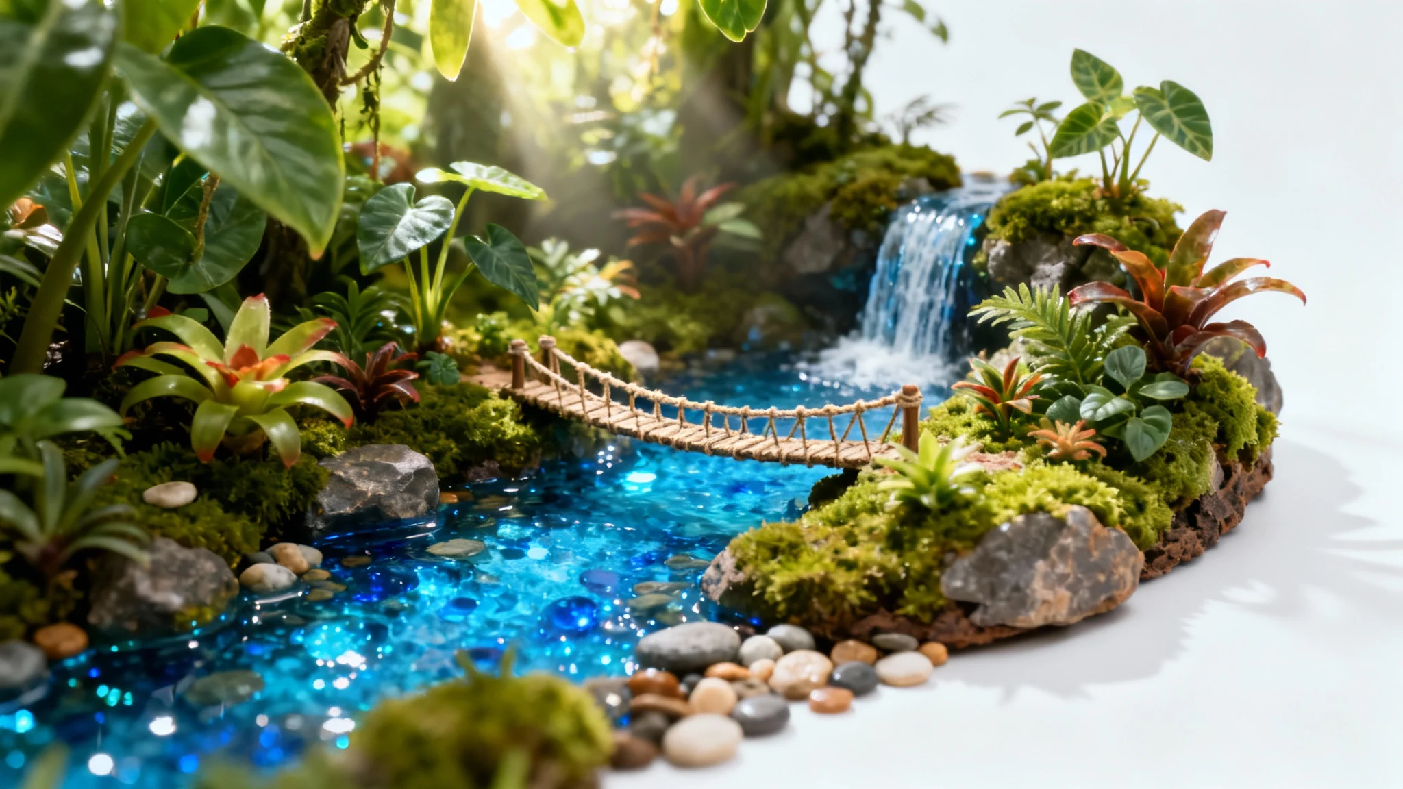 A close-up, hyper-realistic photo of a miniature diorama depicting a vibrant jungle, complete with a tiny river, rope bridge, and detailed foliage, set against a plain white background.