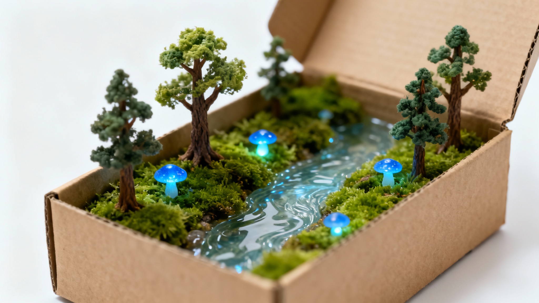 A photorealistic macro shot of a detailed diorama in a shoebox, featuring a miniature fantasy forest with tiny trees and a glowing river, isolated against a solid white background.