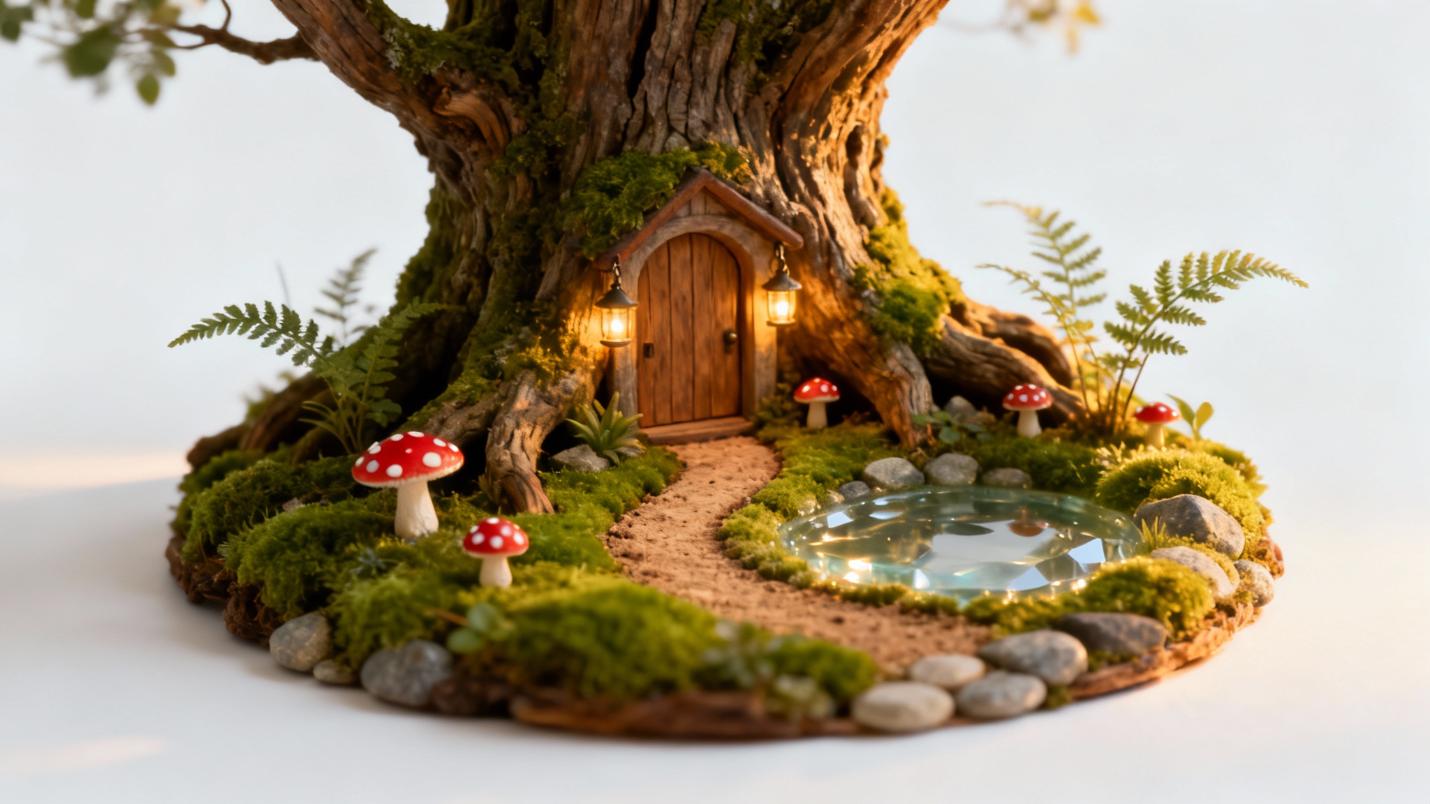 A close-up photograph of a beautifully crafted miniature diorama showing a fantasy cottage in a forest, with glowing lanterns and tiny mushrooms, set against a plain white background.