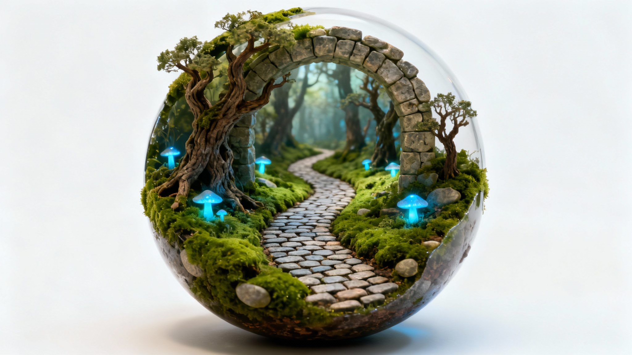 A hyperrealistic diorama of a miniature fantasy forest with glowing mushrooms and a stone arch, set against a clean white background.