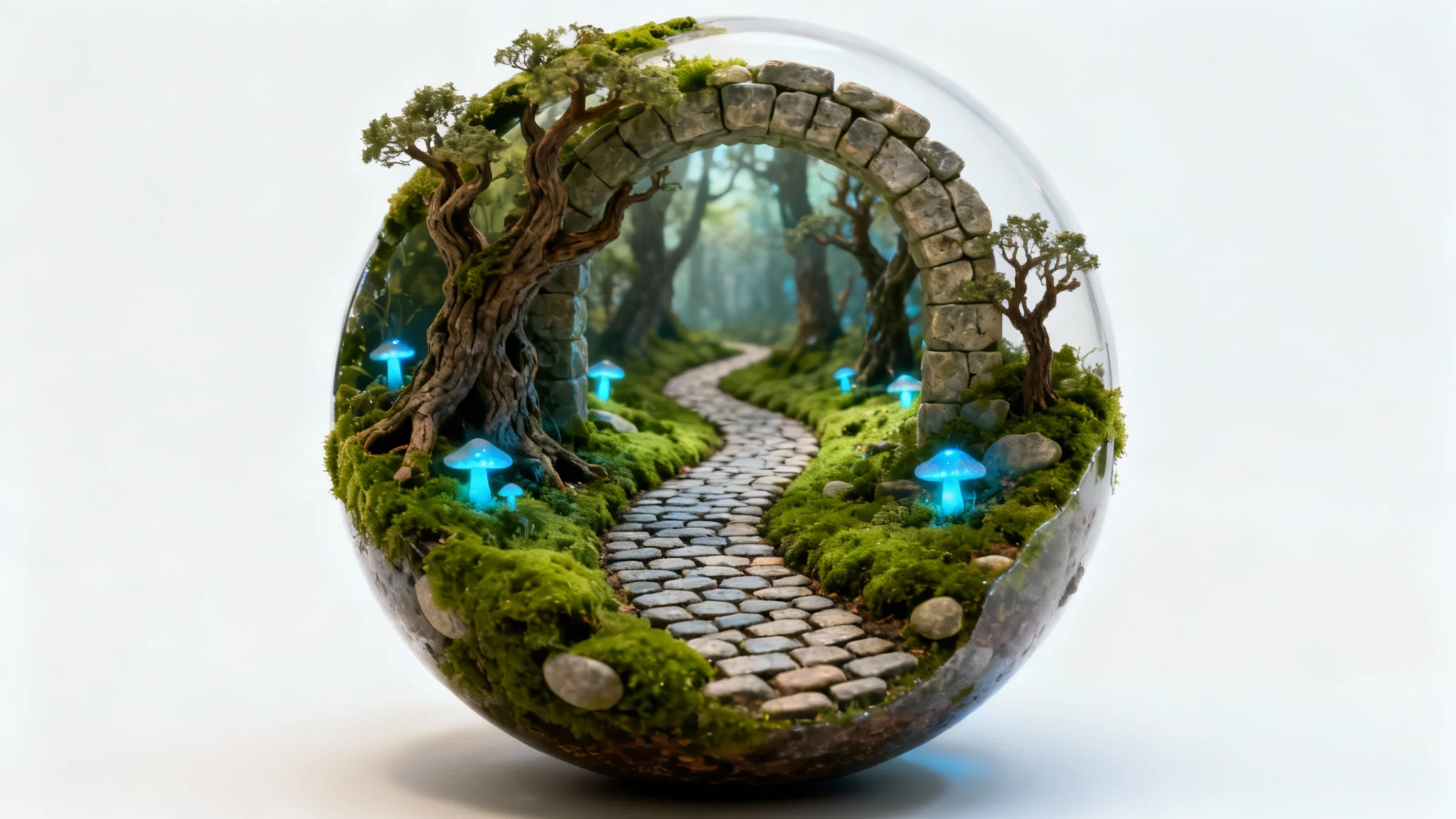 A hyperrealistic diorama of a miniature fantasy forest with glowing mushrooms and a stone arch, set against a clean white background.
