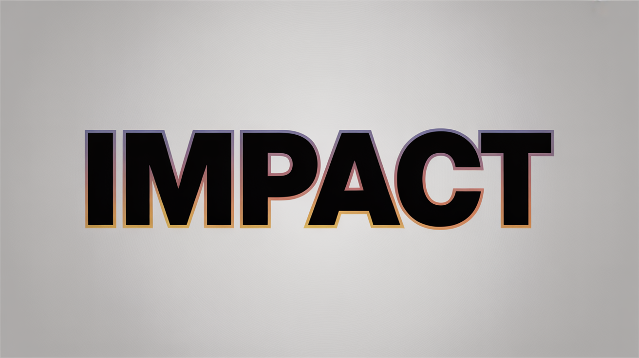 A close-up of the word 'IMPACT' created with a text outline tool. The text has a vibrant orange and yellow gradient fill and a thick, dark purple outline, set against a clean, light background, showcasing a polished design.