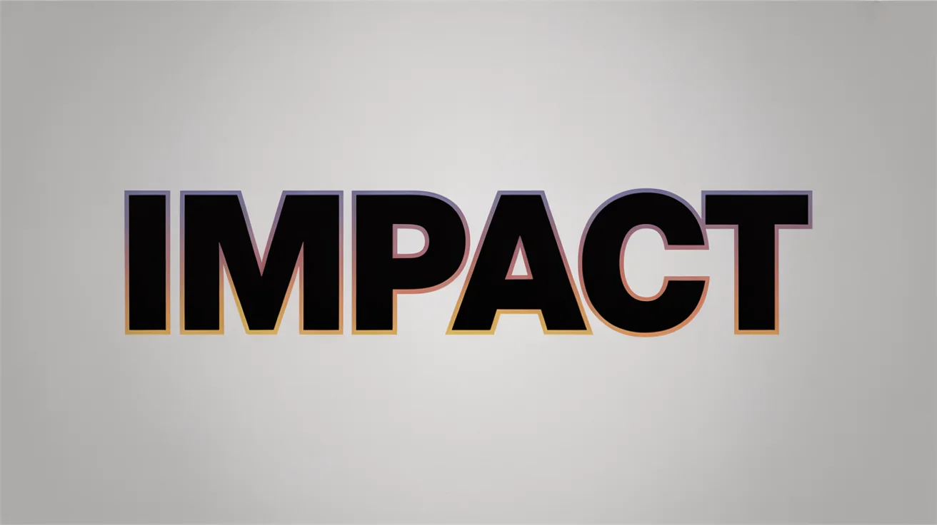 A close-up of the word 'IMPACT' created with a text outline tool. The text has a vibrant orange and yellow gradient fill and a thick, dark purple outline, set against a clean, light background, showcasing a polished design.